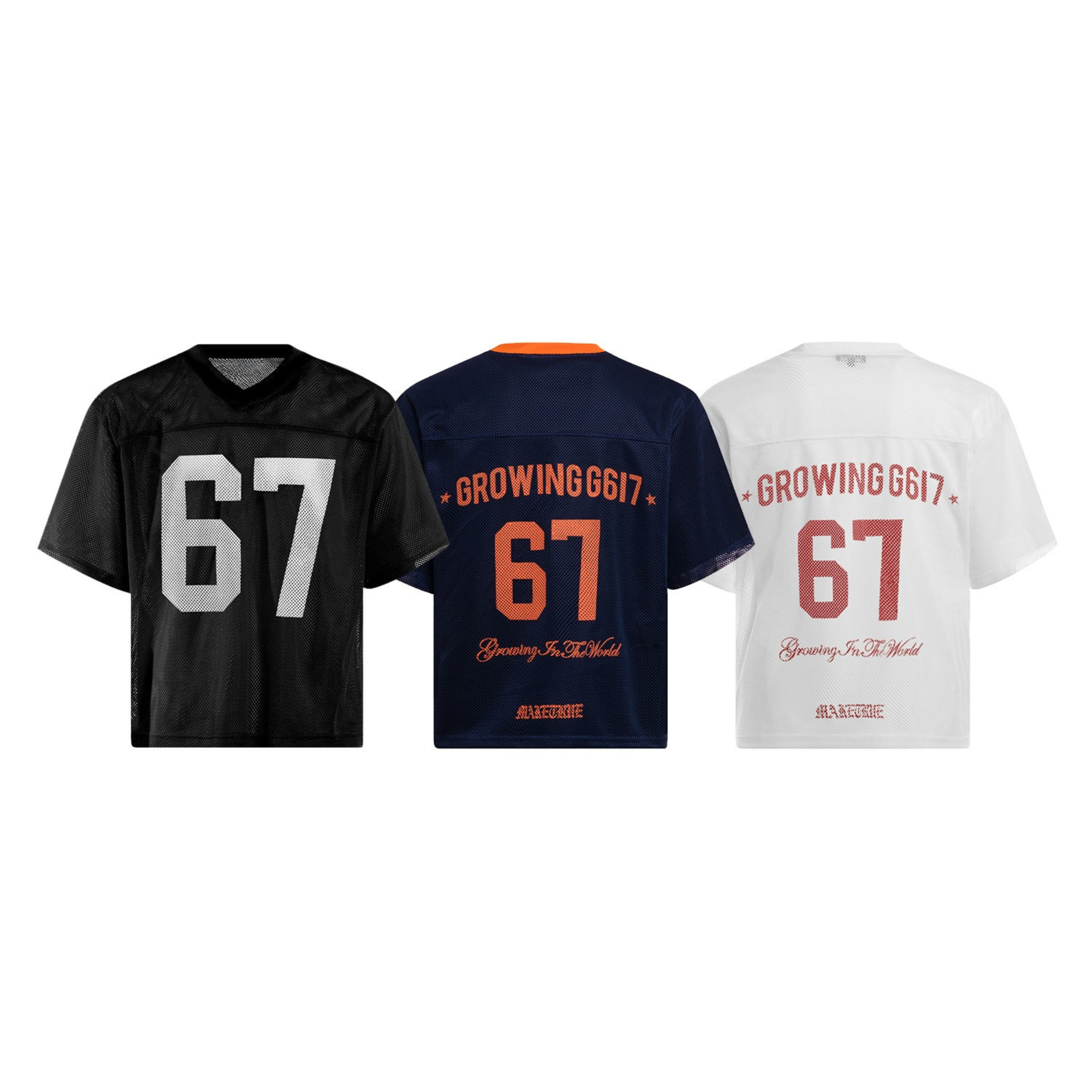 White Growing G617 mesh jersey tee with red number 67 front print, relaxed short-sleeve fit, shown front view