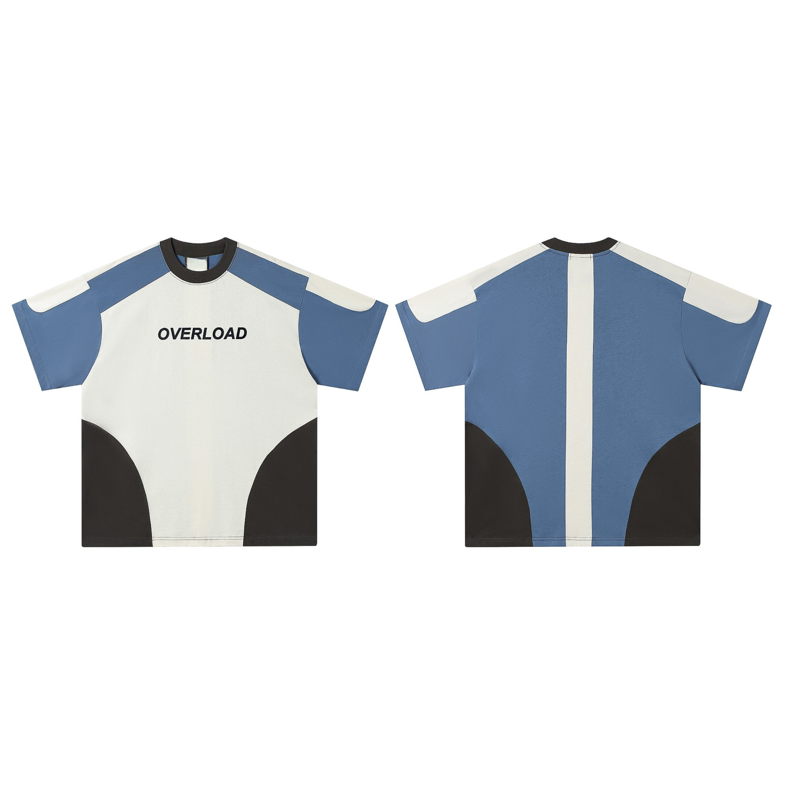 Front and back view of Omirad Overload Color-Block Tee in off-white, blue, and black with OVERLOAD graphic print