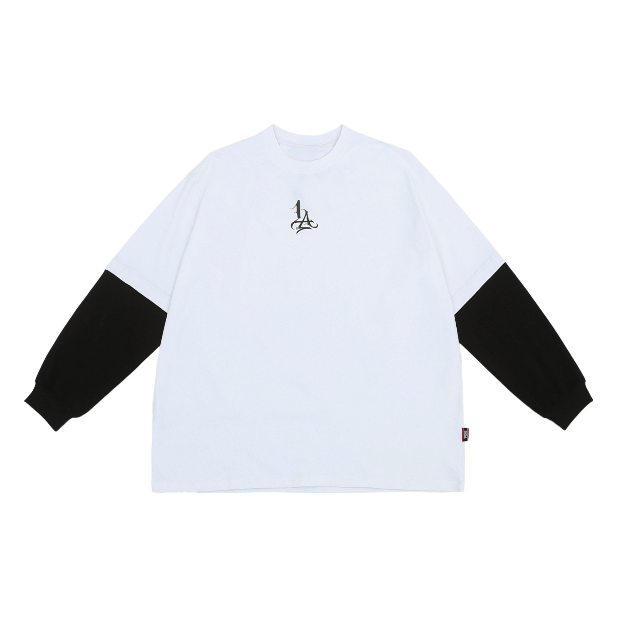 White oversized long sleeve graphic tee with contrasting black sleeves and gothic chest logo, front view