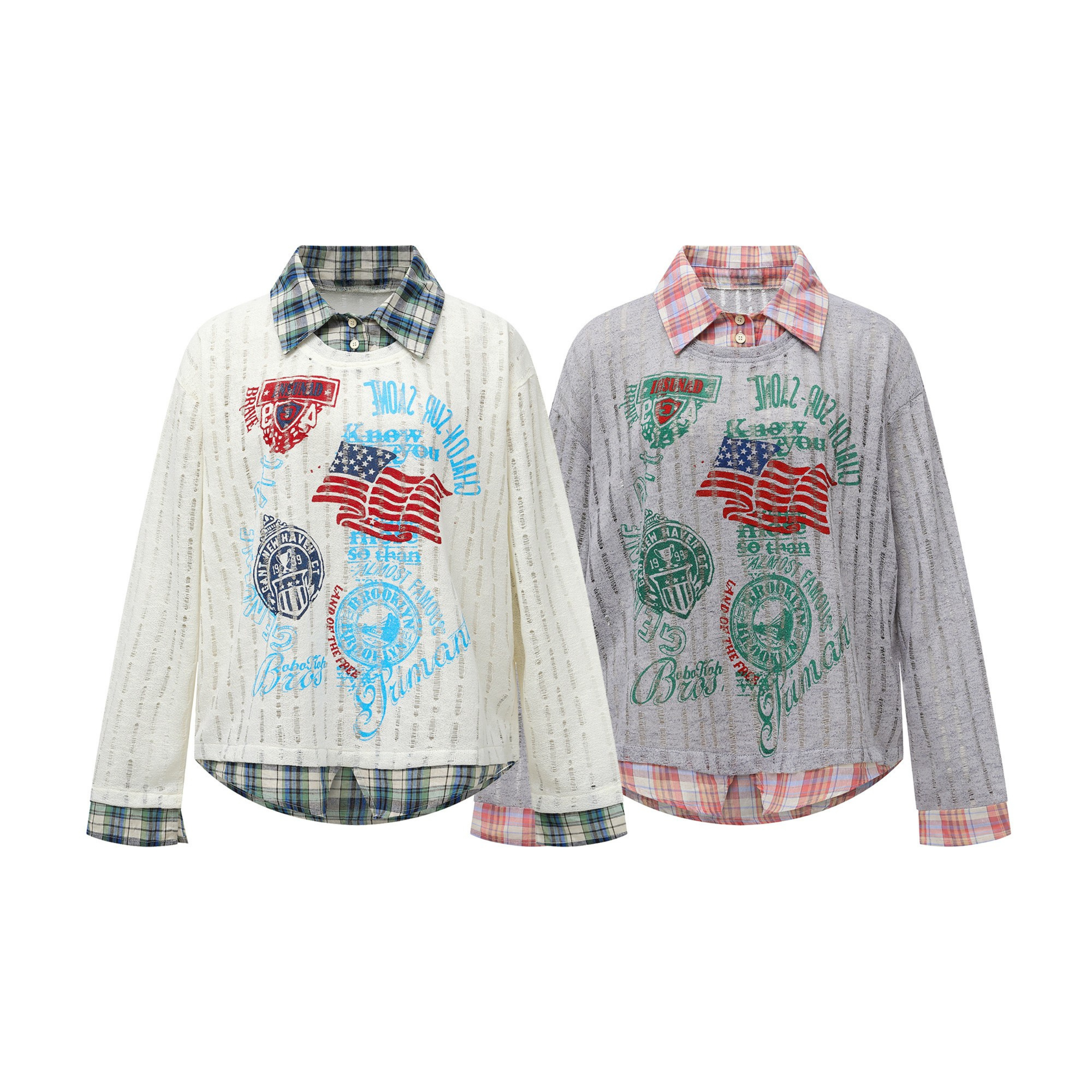 Cream white patchwork graphic mesh shirt with plaid collar, American flag print and vintage college graphics, front view