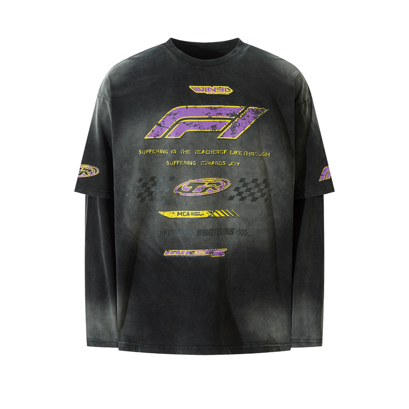 Black layered tee front view with purple and yellow racing graphics