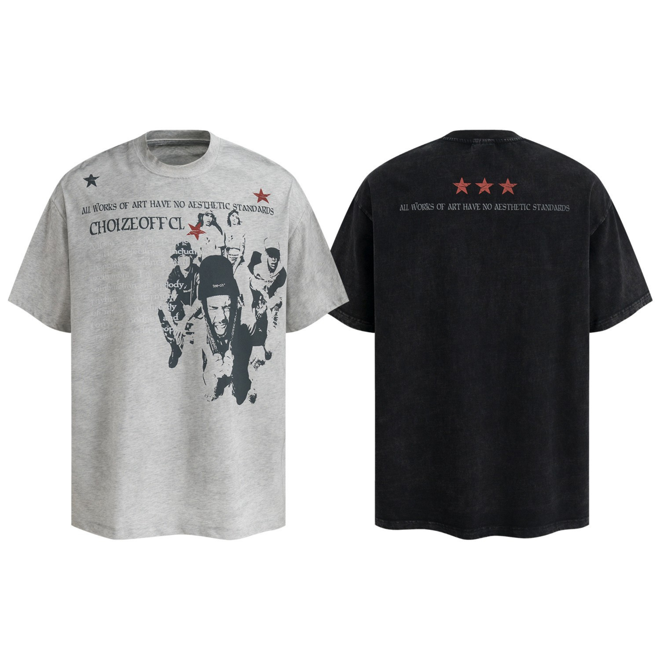 Heather grey oversized graphic tee with collage-style stencil print, star accents, and slogan text on front, shown front and