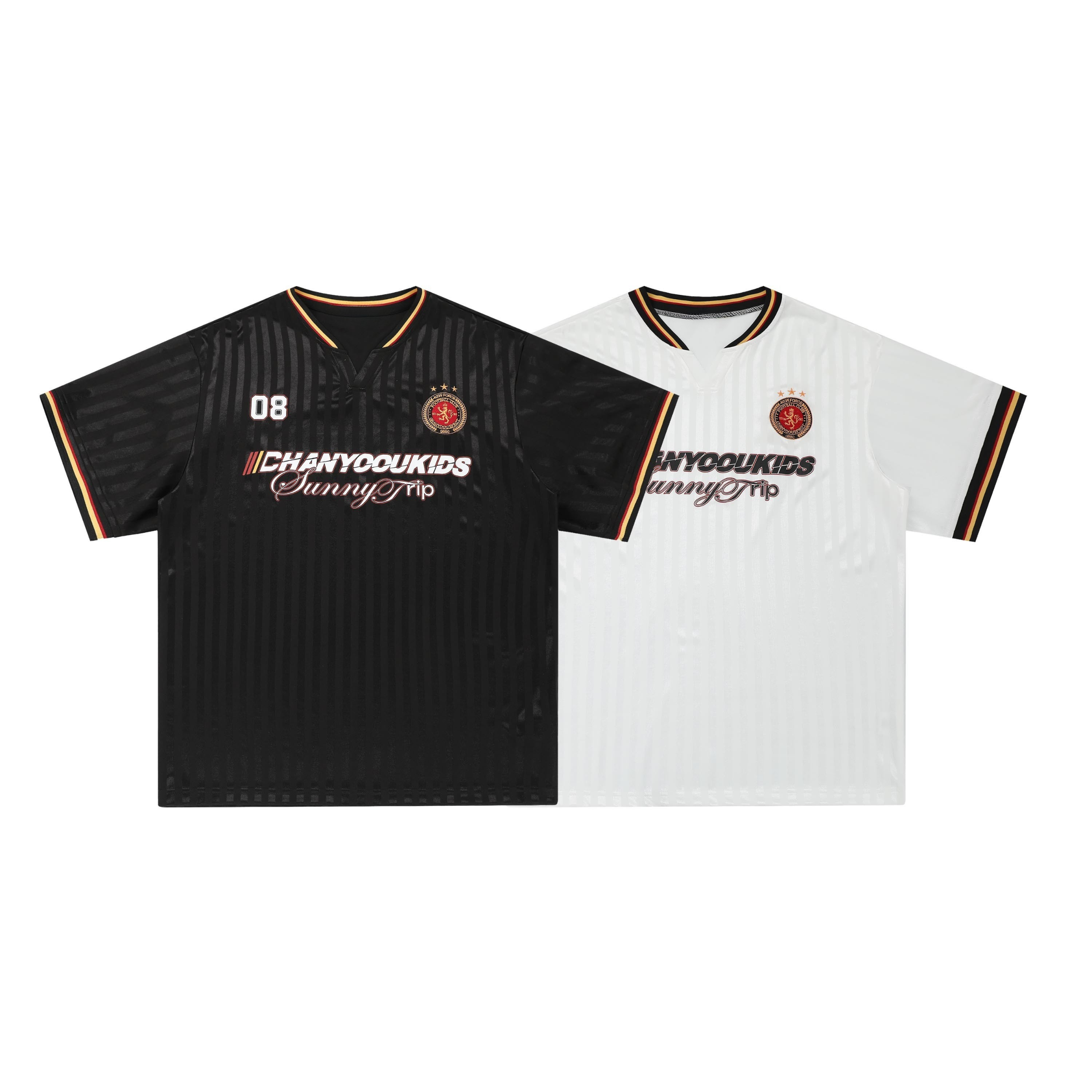 Black and white Chanyooukids Sunny Trip varsity mesh soccer jerseys with lion crest badge and contrast ribbed trim, laid flat