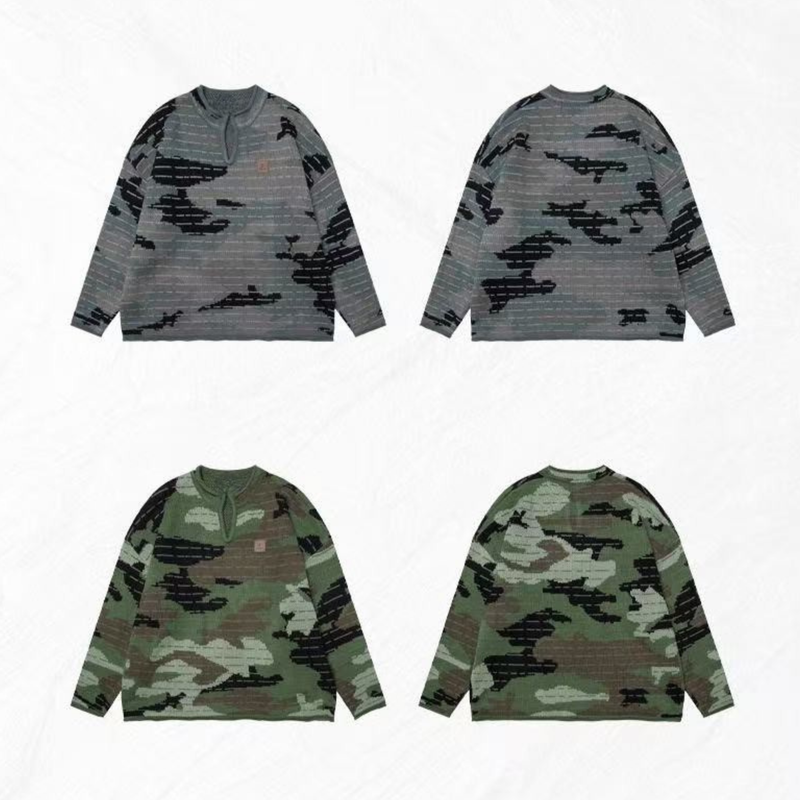 Gray and green camo pullover sweater shown in paired front and back views