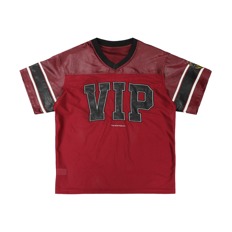Red VIP mesh football tee with black leather-look panels and bold varsity lettering