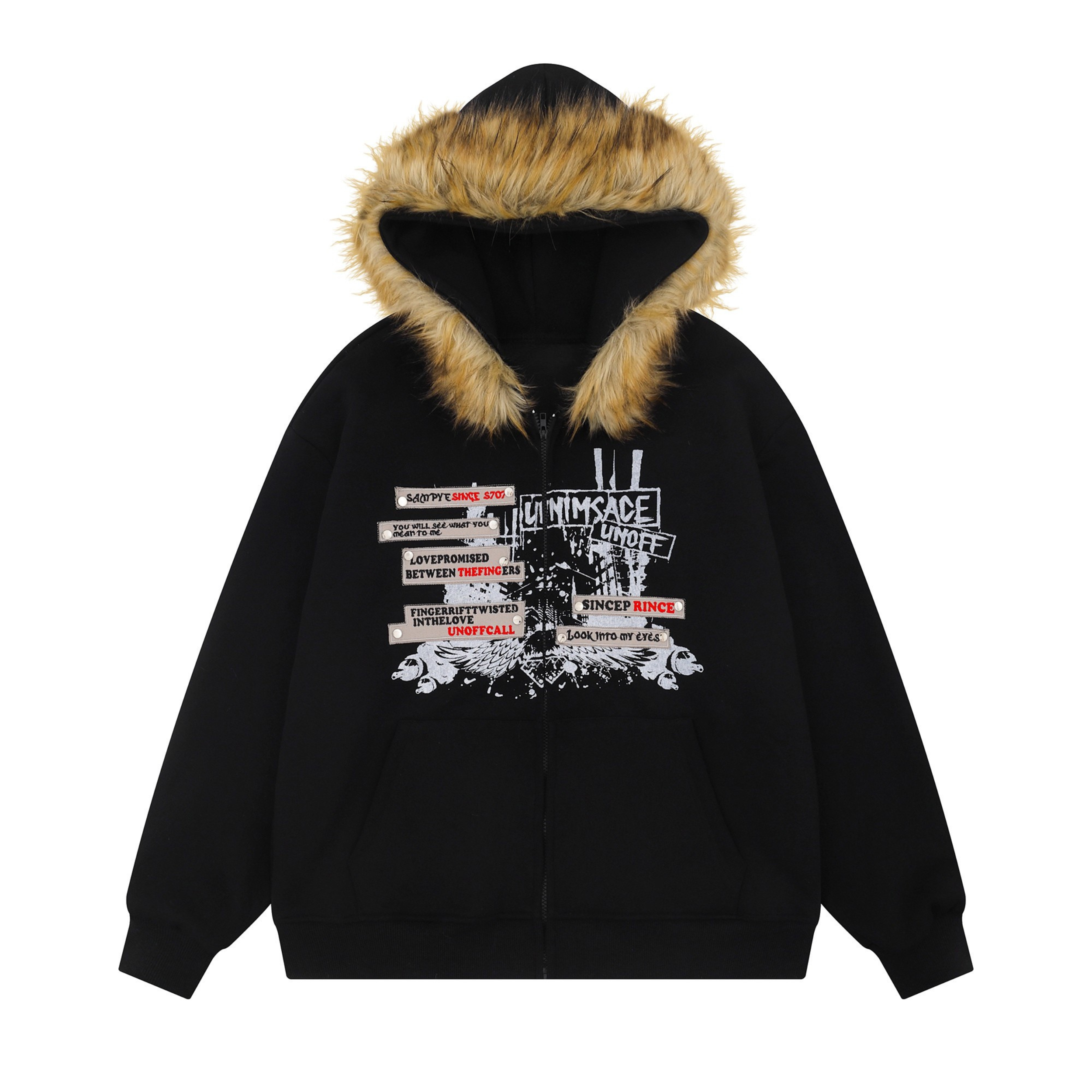 Fur-Trim Graphic Zip Hoodie | Street Style Fleece Jacket