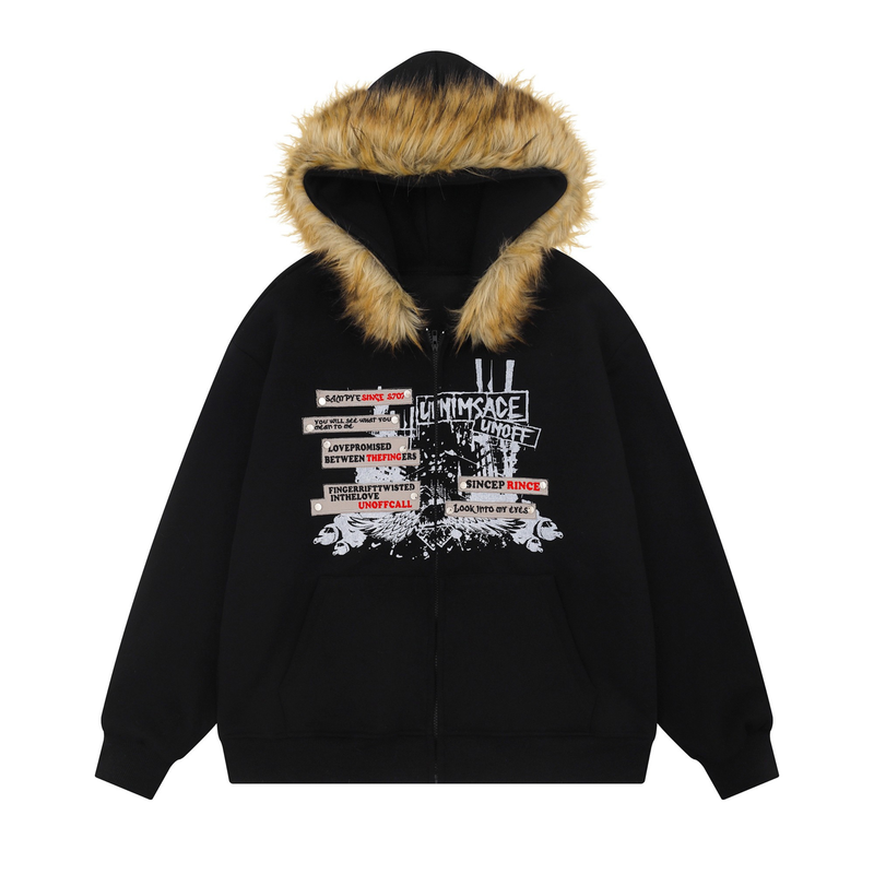 Black zip hoodie with tan faux fur-trimmed hood and white graphic print, front view