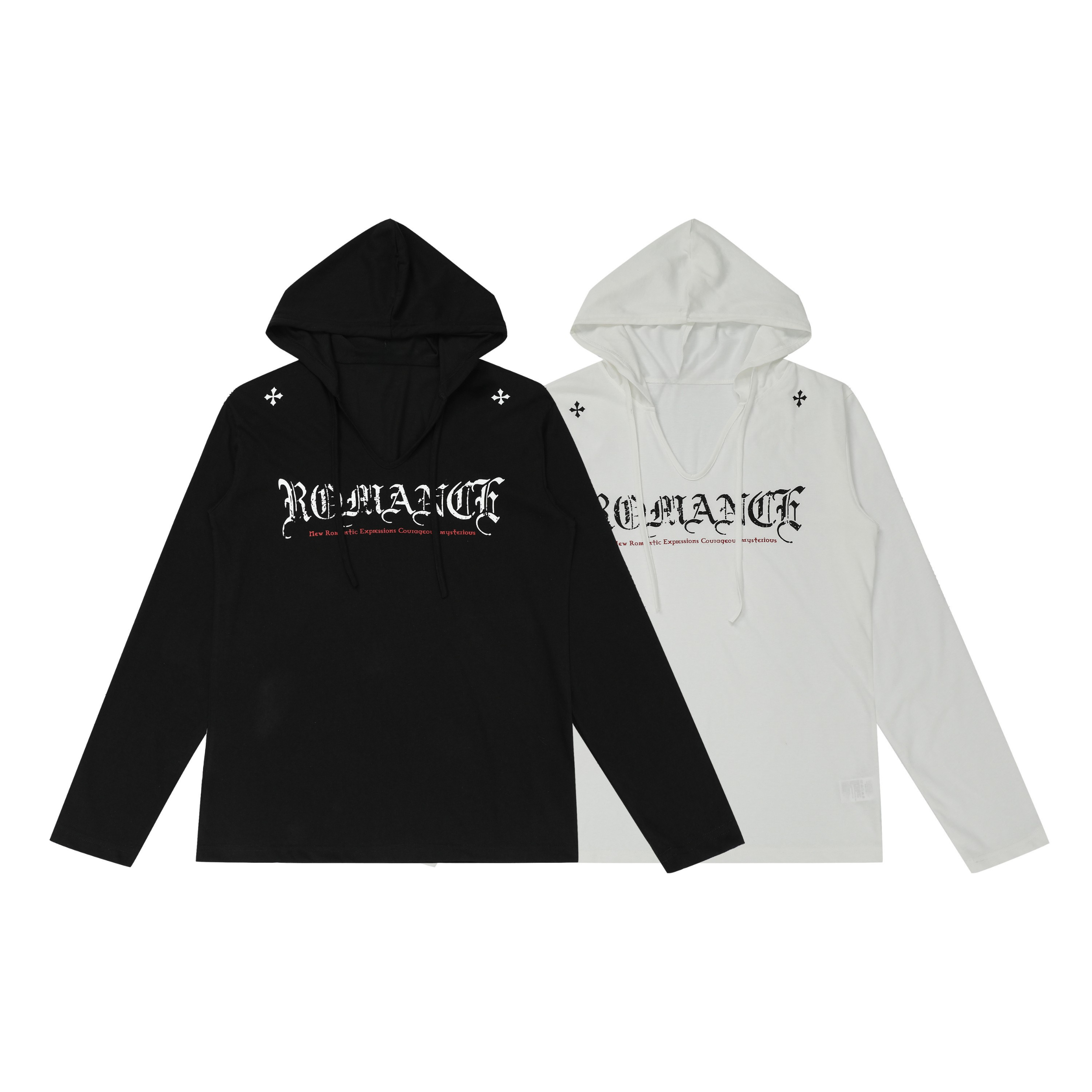 Black and white Omirad gothic logo V-neck hooded long sleeve shirts laid flat side by side