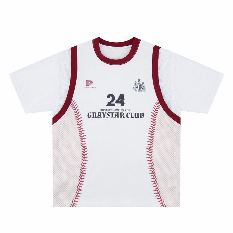 White baseball stitch mesh tee with burgundy trim, jersey-style graphics, and retro sport streetwear look