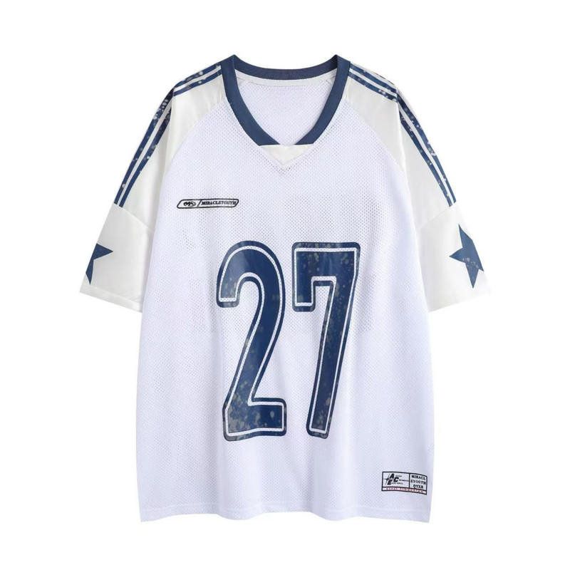 White split mesh varsity tee with navy trim, star sleeves, and large distressed number 27 graphic