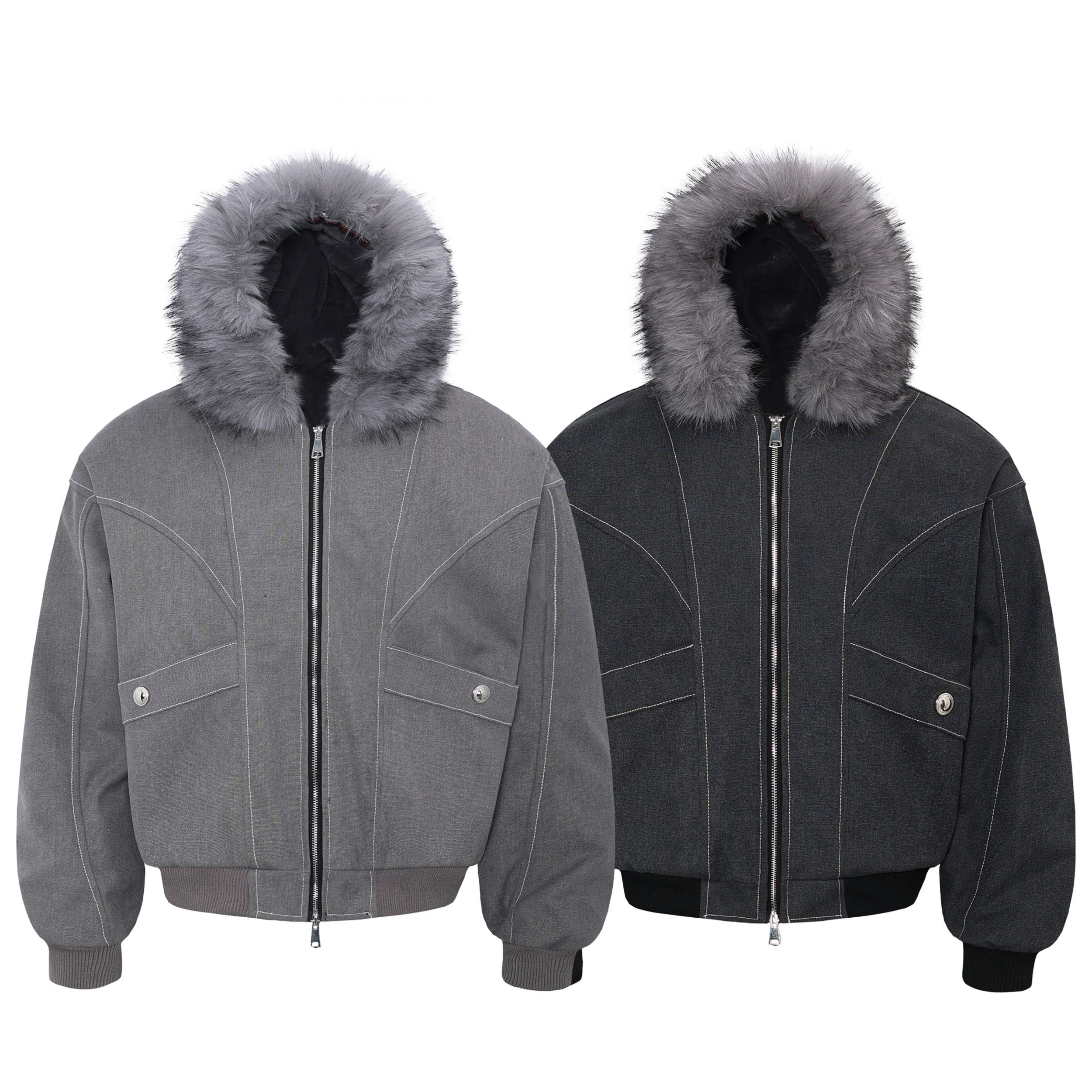 Light grey and dark charcoal fur-hood sculpted bomber jackets with contrast stitching and metal snap pockets, shown side by s