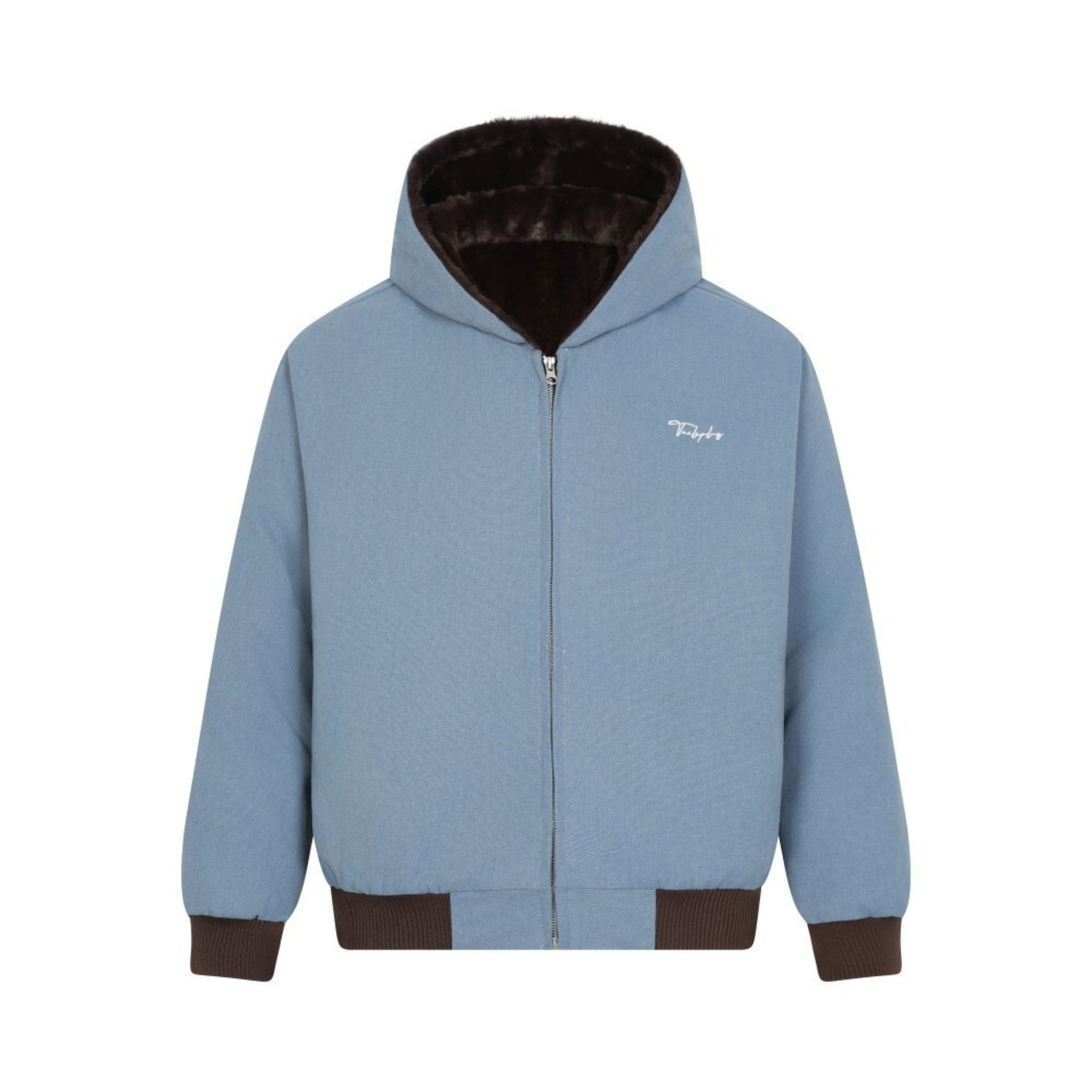 Omirad steel blue zip-up hoodie with dark brown fur-lined hood and ribbed cuffs, front view on white background