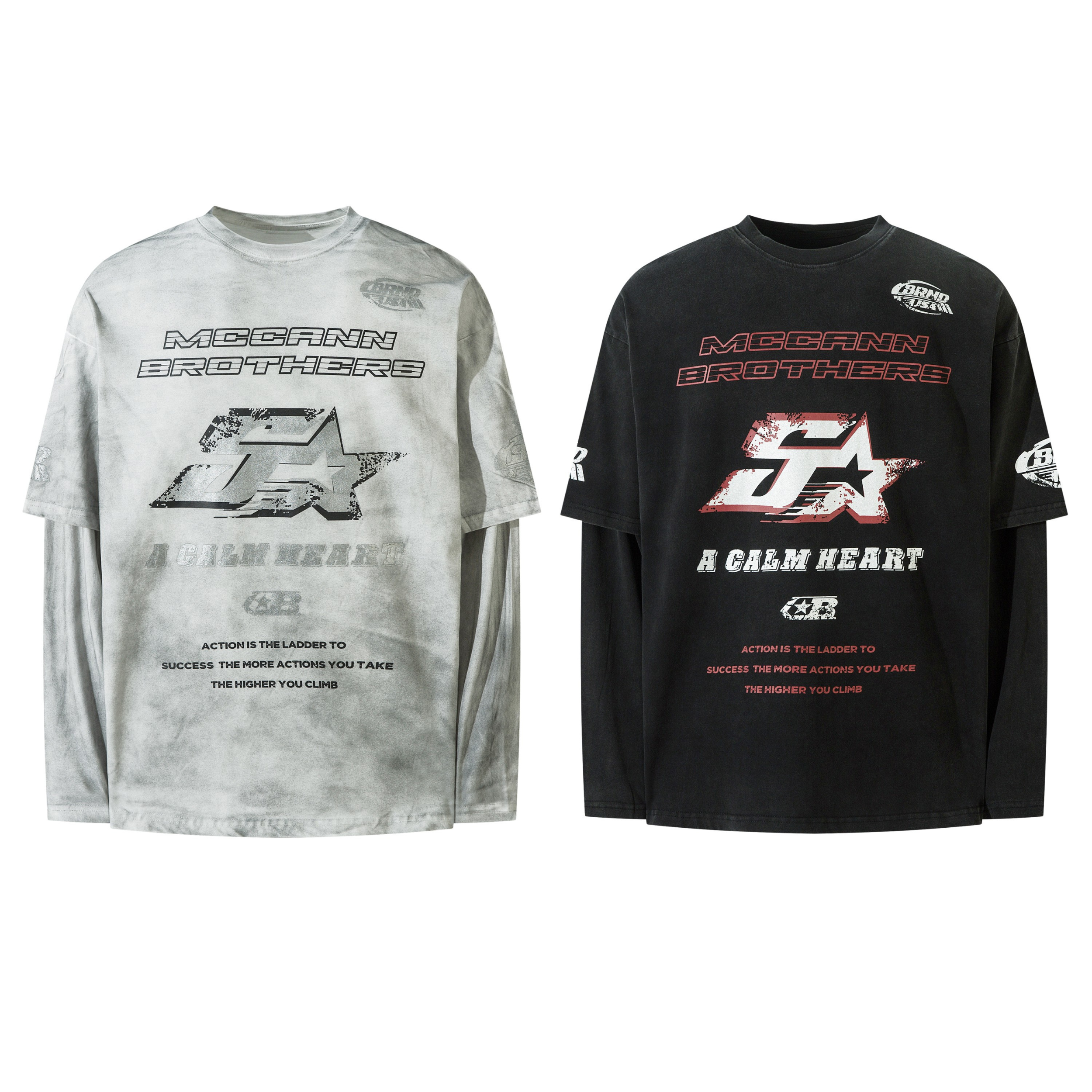 McCann Brothers 5X layered long sleeve tee in washed grey tie-dye with distressed racing graphic and motivational slogan prin