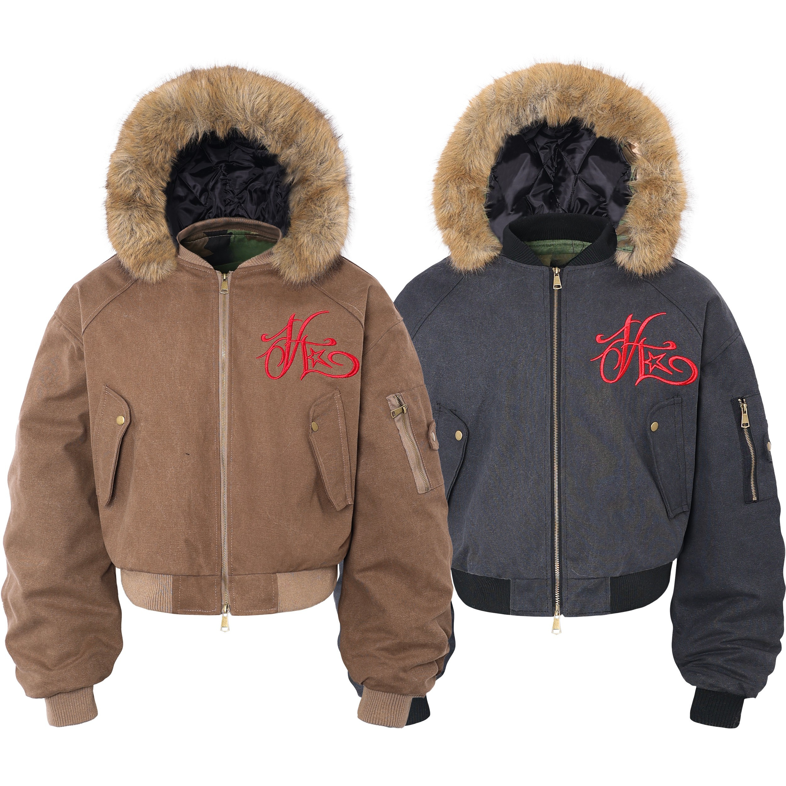 Omirad cropped bomber jacket in charcoal grey with detachable fur-trim hood and red embroidered chest logo