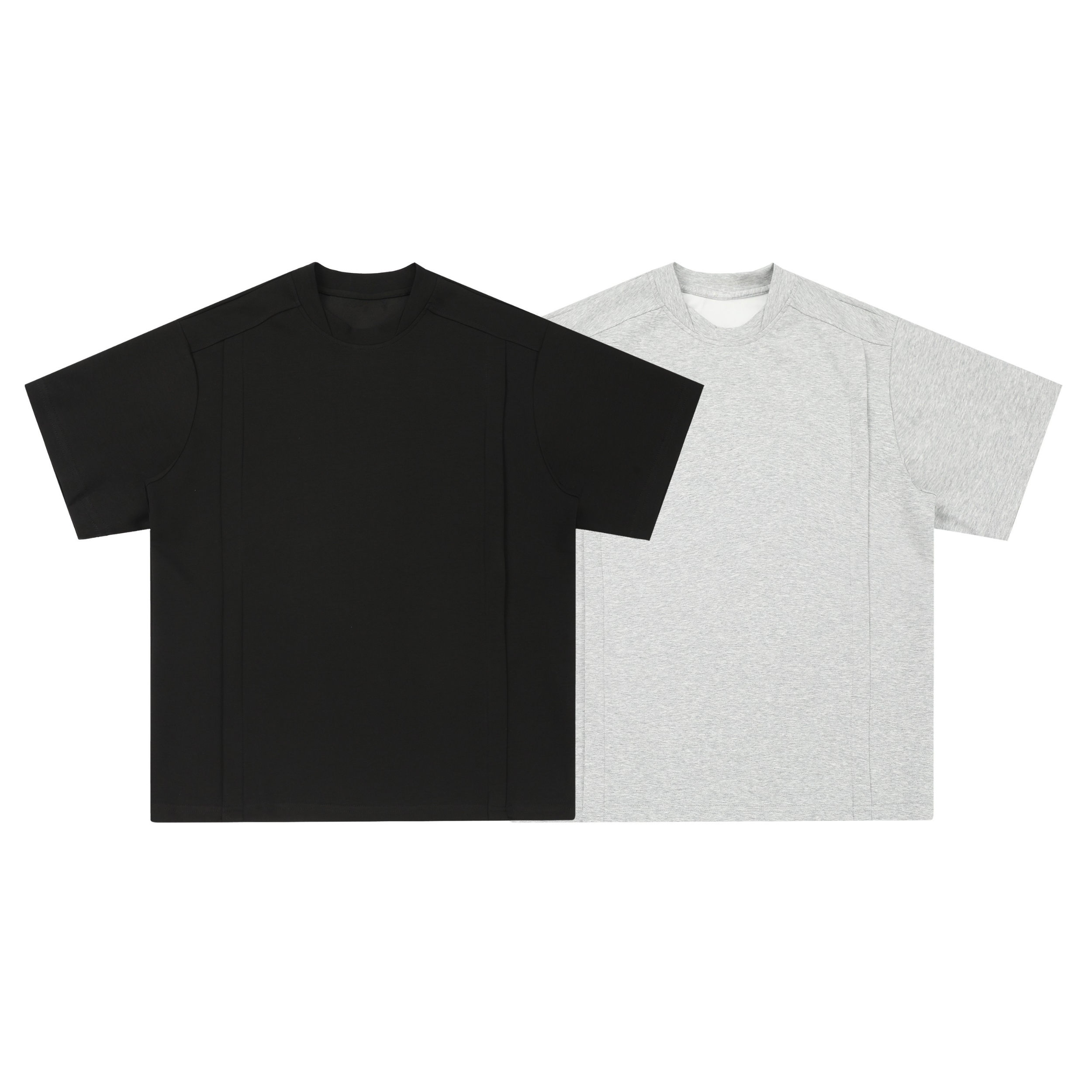 Omirad Essential Structured Tee in black and light grey marl, oversized fit with vertical panel stitching, flat lay on white