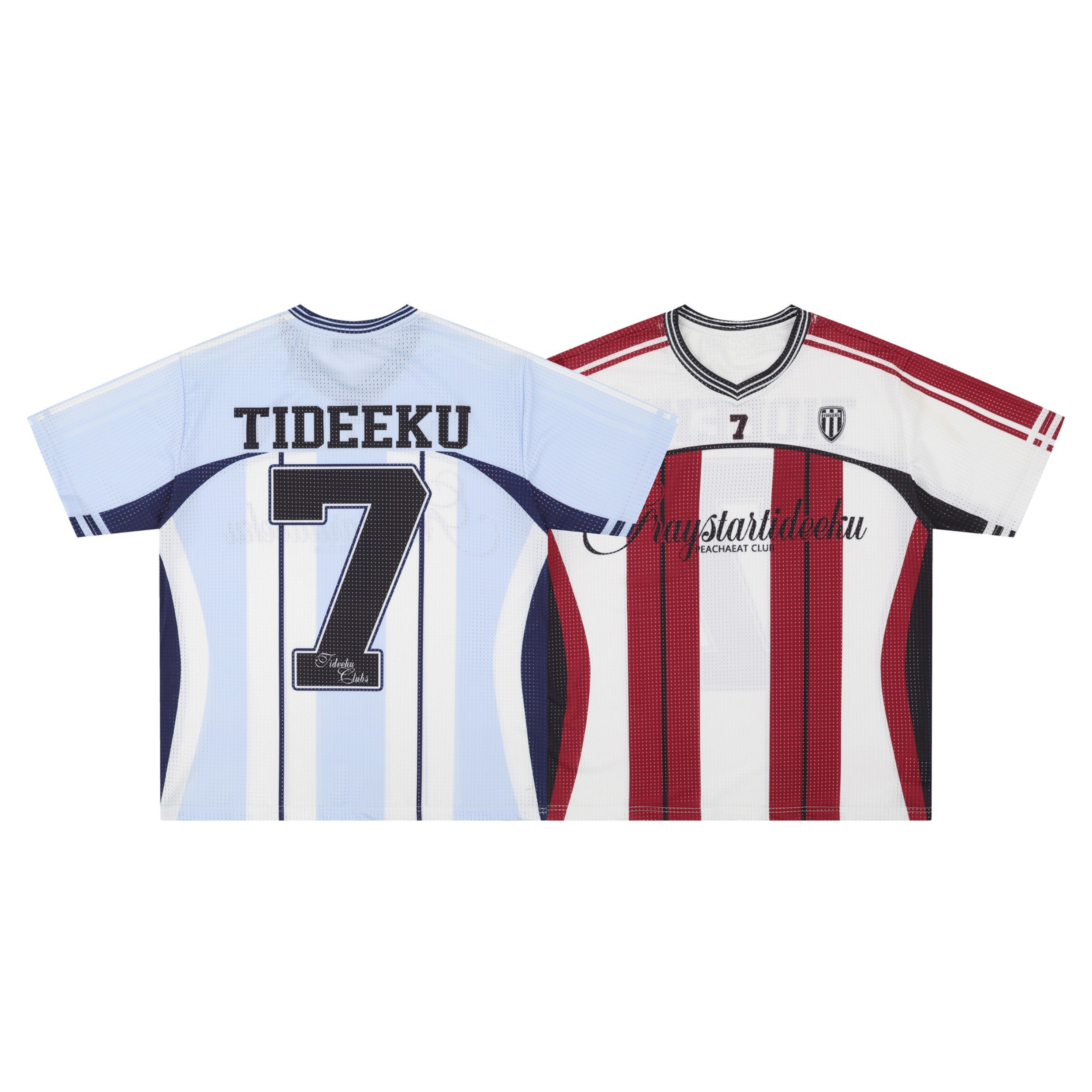 Front view of red and white striped Tideeku No.7 mesh football jersey with embroidered crest and script sponsor graphic
