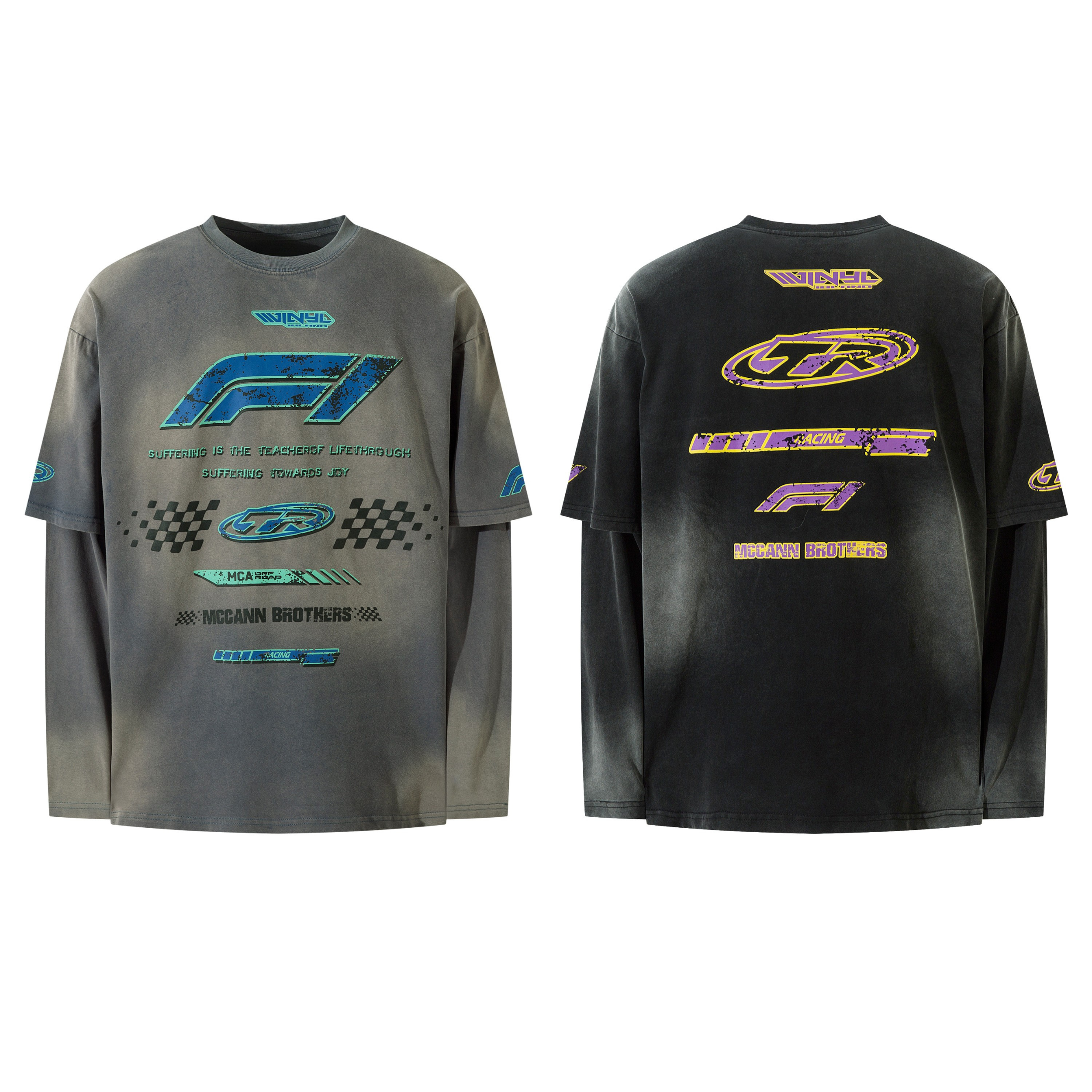 Front and back view of a washed grey oversized racing graphic layered tee with F1 and TR motorsport prints