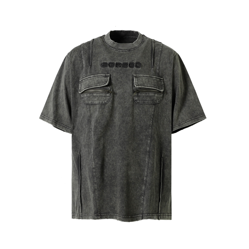Washed black Borsod tee with dual zip chest pockets, embroidered logo, and relaxed short sleeves