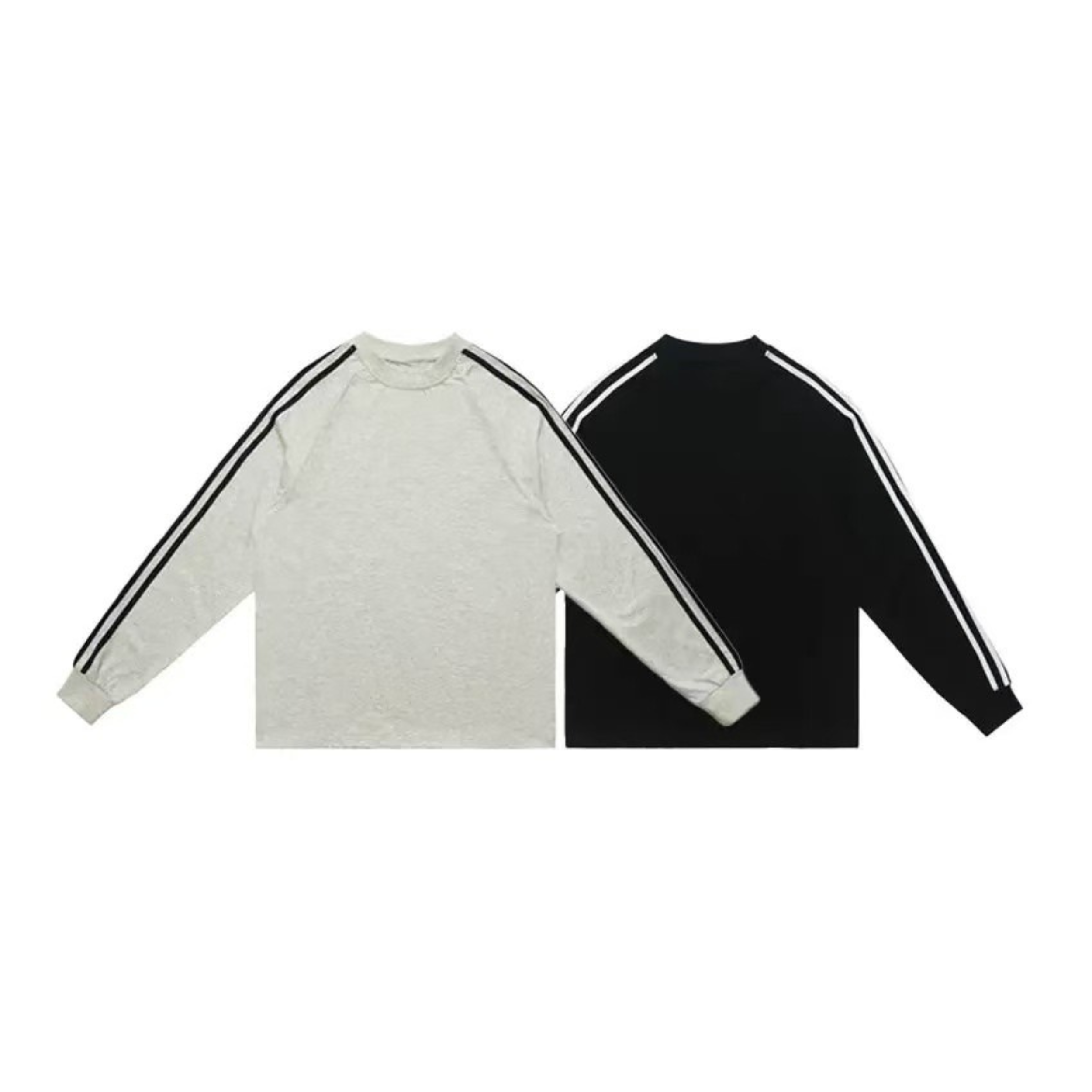 Omirad double-stripe long sleeve tee in heather grey and black with contrast sleeve stripes, flat lay product view
