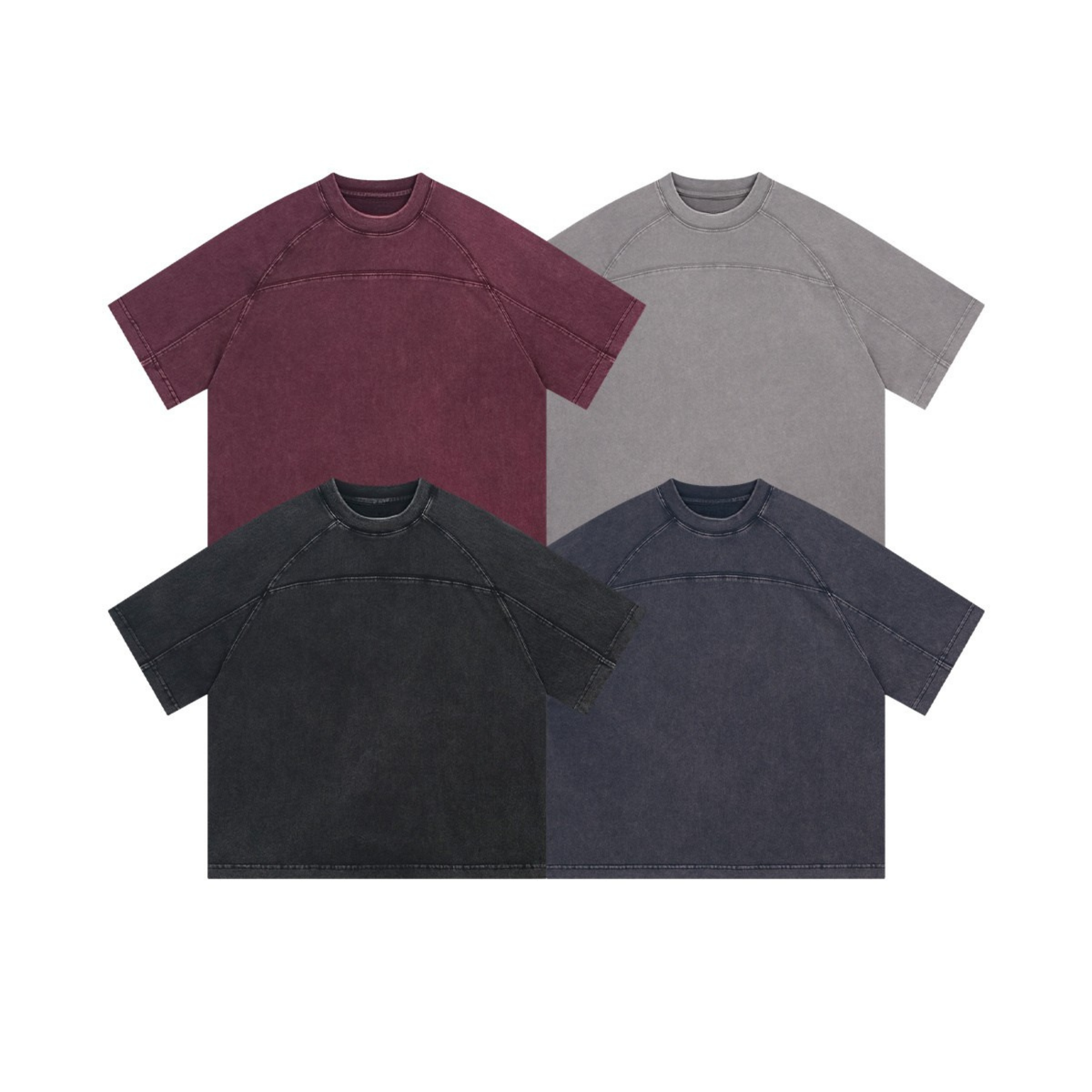 Burgundy vintage washed oversized cotton t-shirt with raglan seam paneling and crew neckline, flat lay view