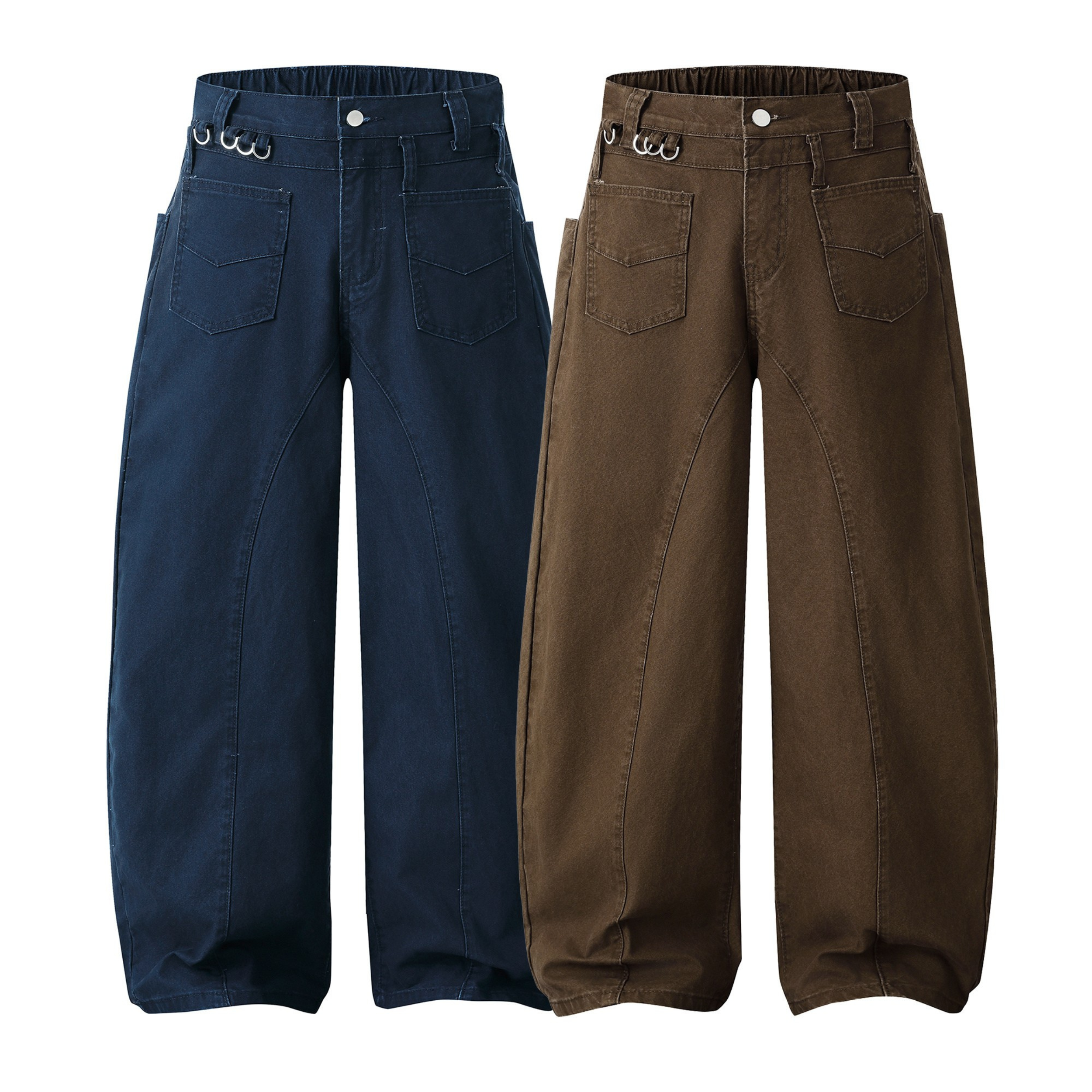 Front view of wide-leg cotton pants in navy and brown with metal ring waist detail and curved seam panels