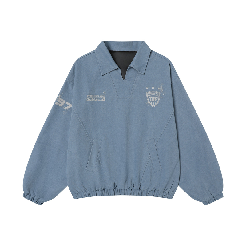 Blue pullover sweatshirt with collar, varsity chest graphics, front view