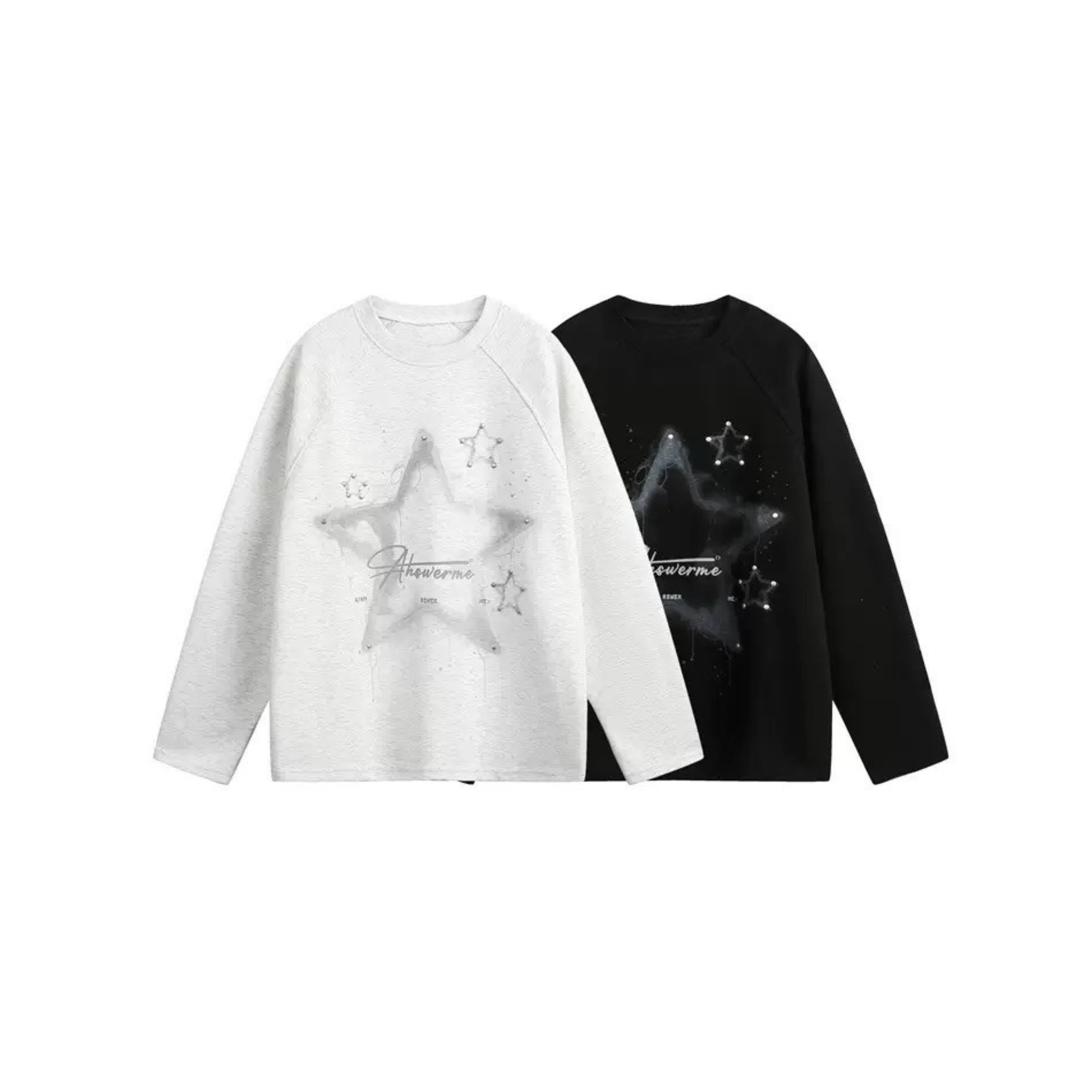Light heather grey long sleeve tee with oversized washed star graphic and constellation-style detailing on chest