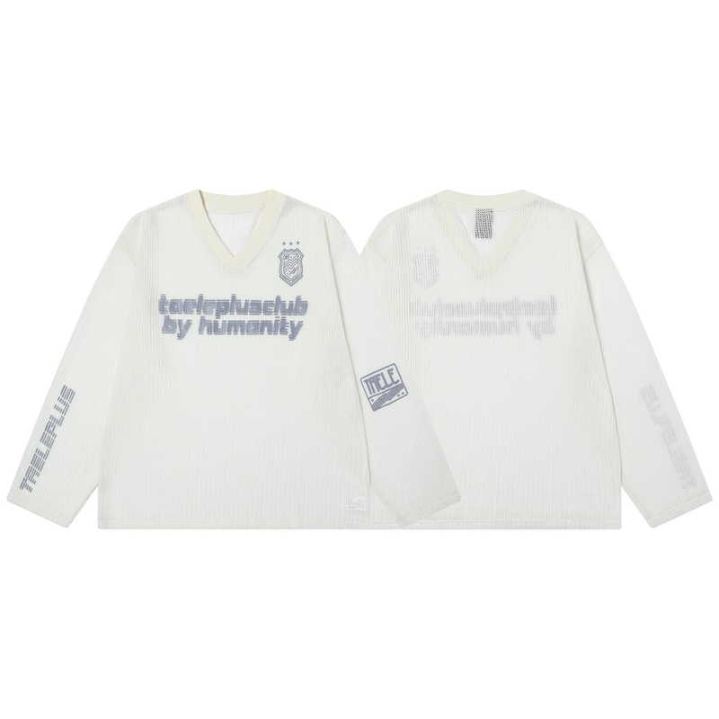 Front and back views of cream mesh V-neck long sleeve tee with varsity prints