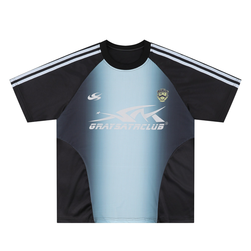 Black and blue gradient mesh soccer jersey with striped sleeves and front logo detail