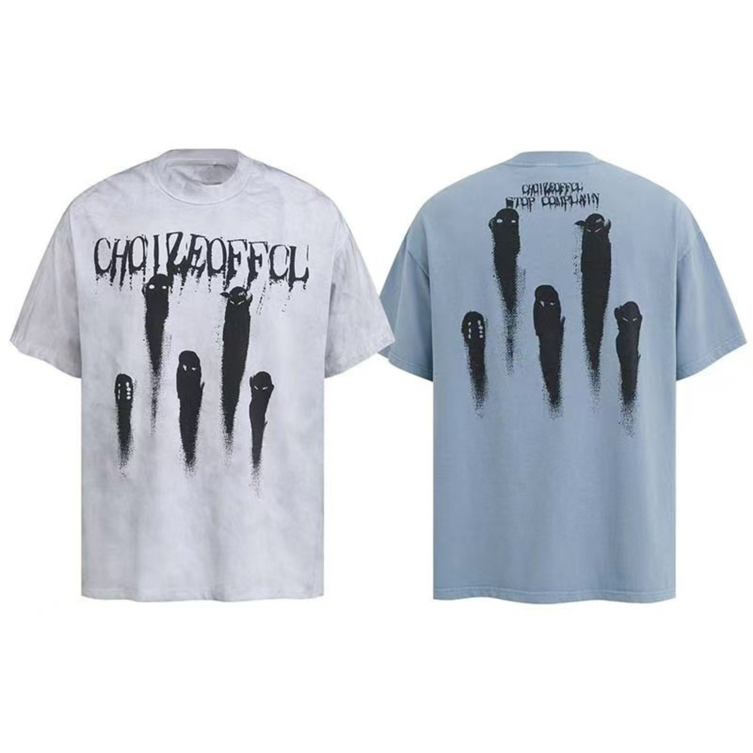 Grey tie-dye oversized t-shirt with gothic ghost shadow graphic print on front, shown front and back views