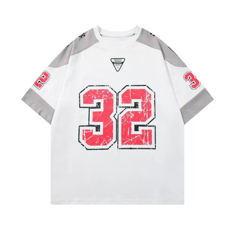 White varsity graphic tee with gray contrast shoulder panels and large distressed red 32 print on the front