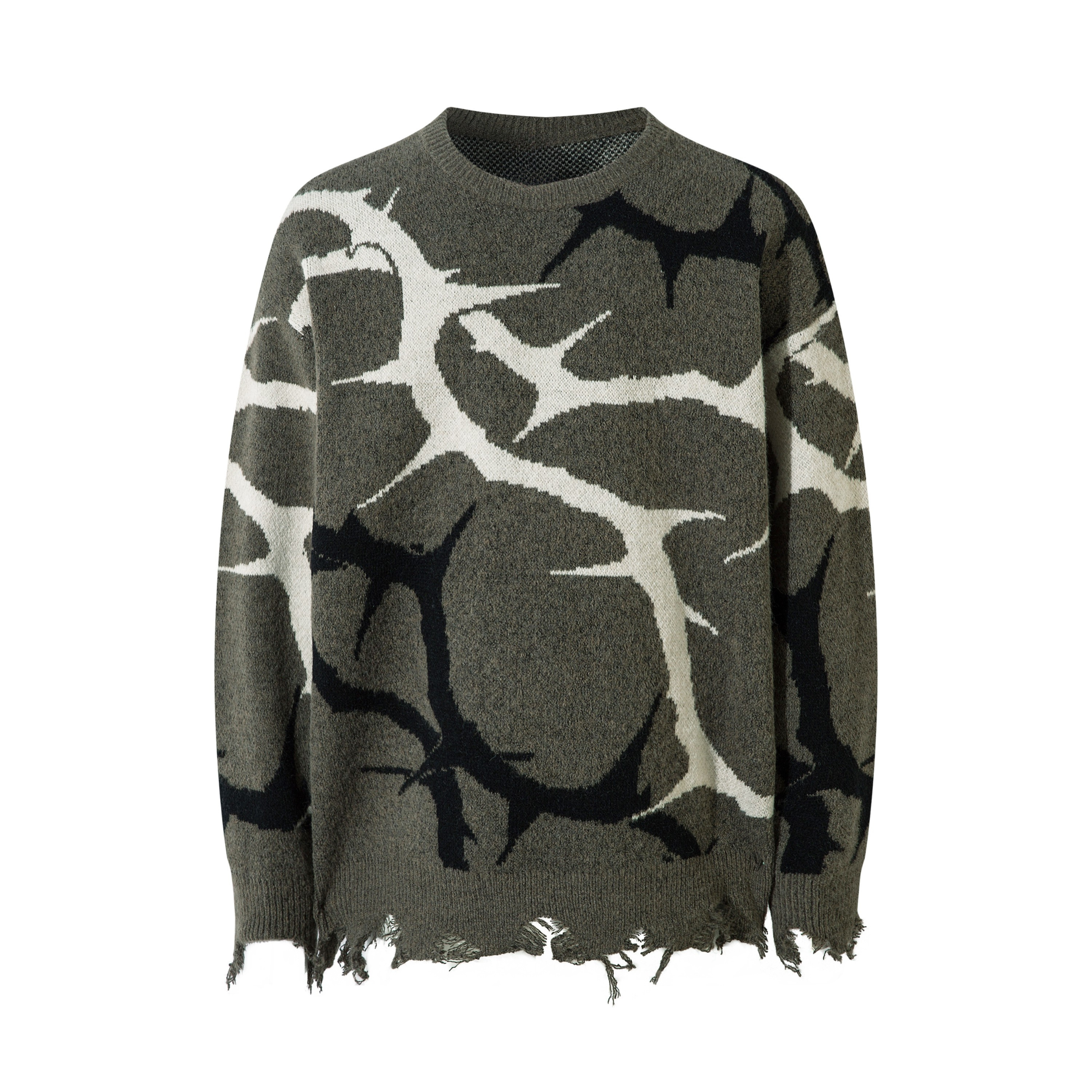 Abstract Camo Distressed Knit Sweater | Oversized Crew Neck