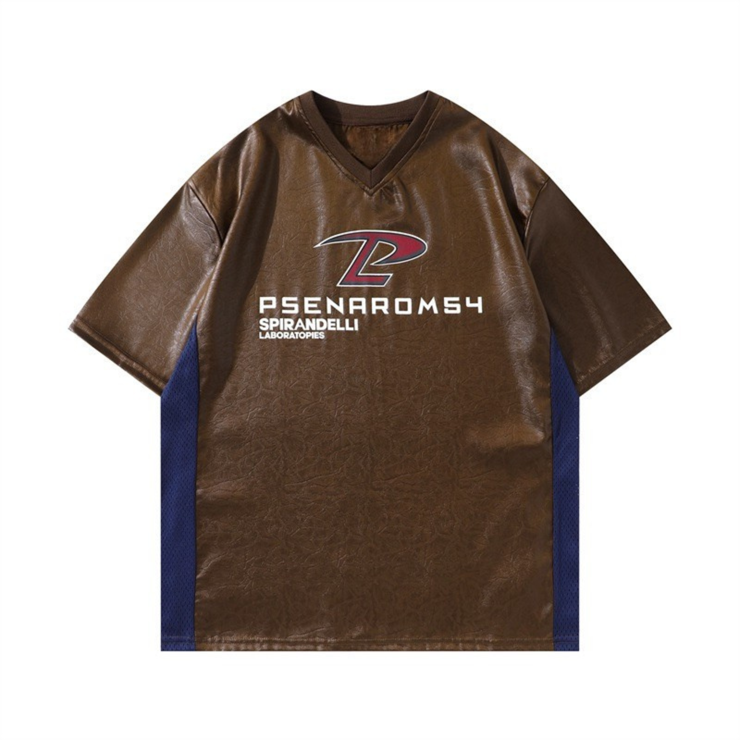 PU Leather-Look Racing V-Neck Tee | Streetwear Graphic Shirt