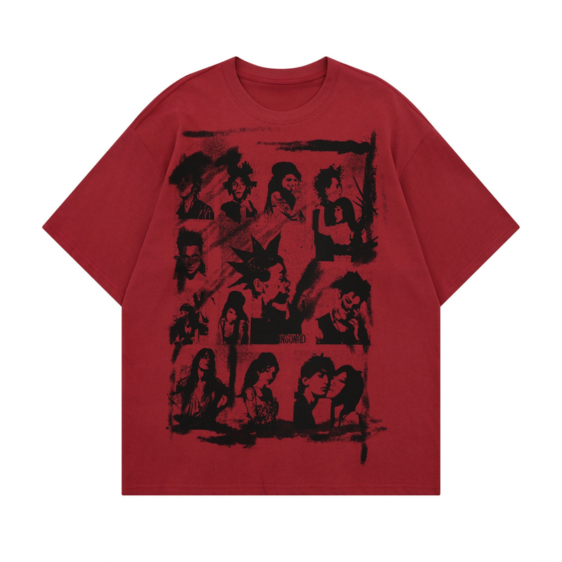 Red oversized streetwear tee with black abstract portrait collage graphic on the front