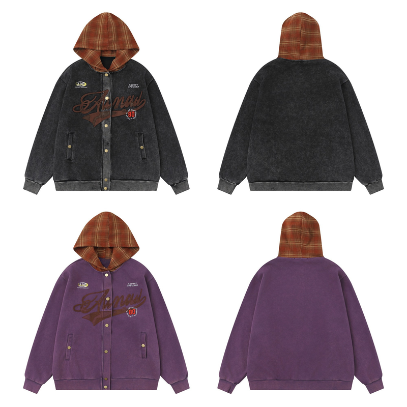 Black and purple hooded varsity jackets shown front and back