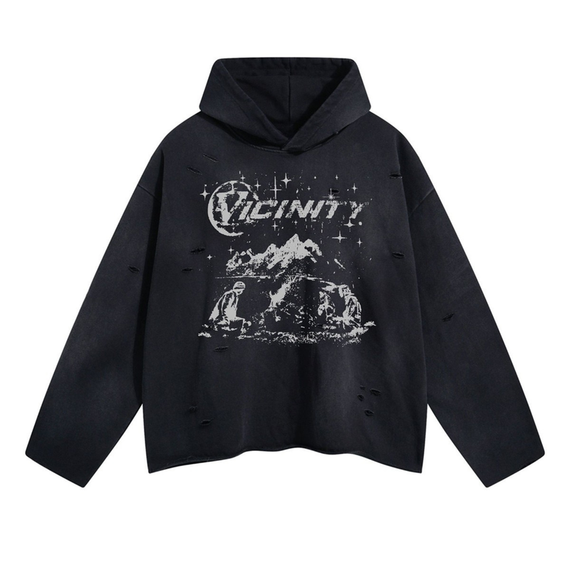 Black distressed hoodie with white Vicinity mountain graphic, front view