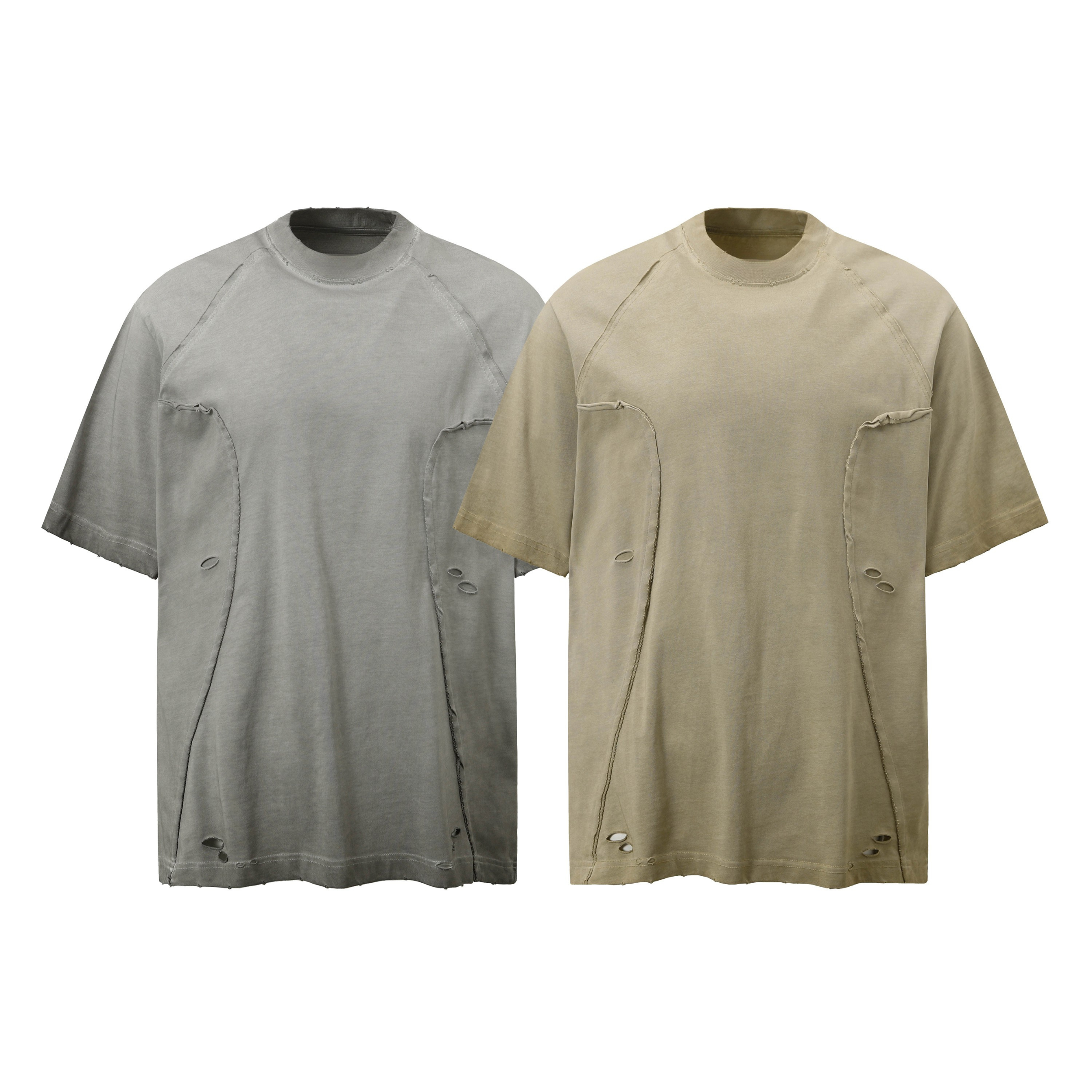 Omirad distressed panel short sleeve tee in washed grey and washed khaki with curved seam construction and raw edge details