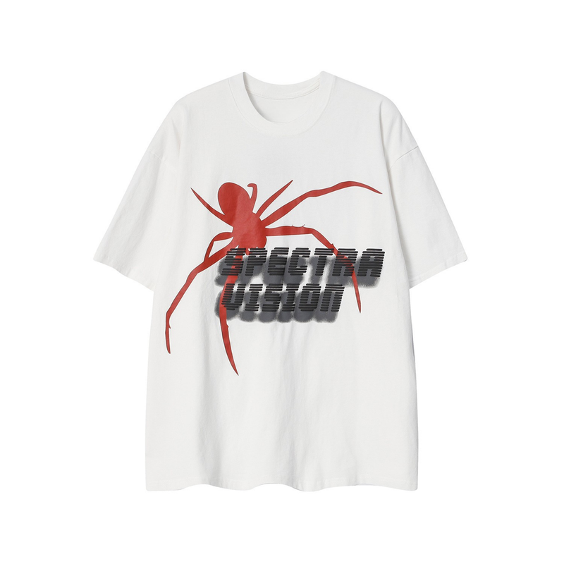 White oversized streetwear tee with a red spider graphic and bold black distressed text on the chest