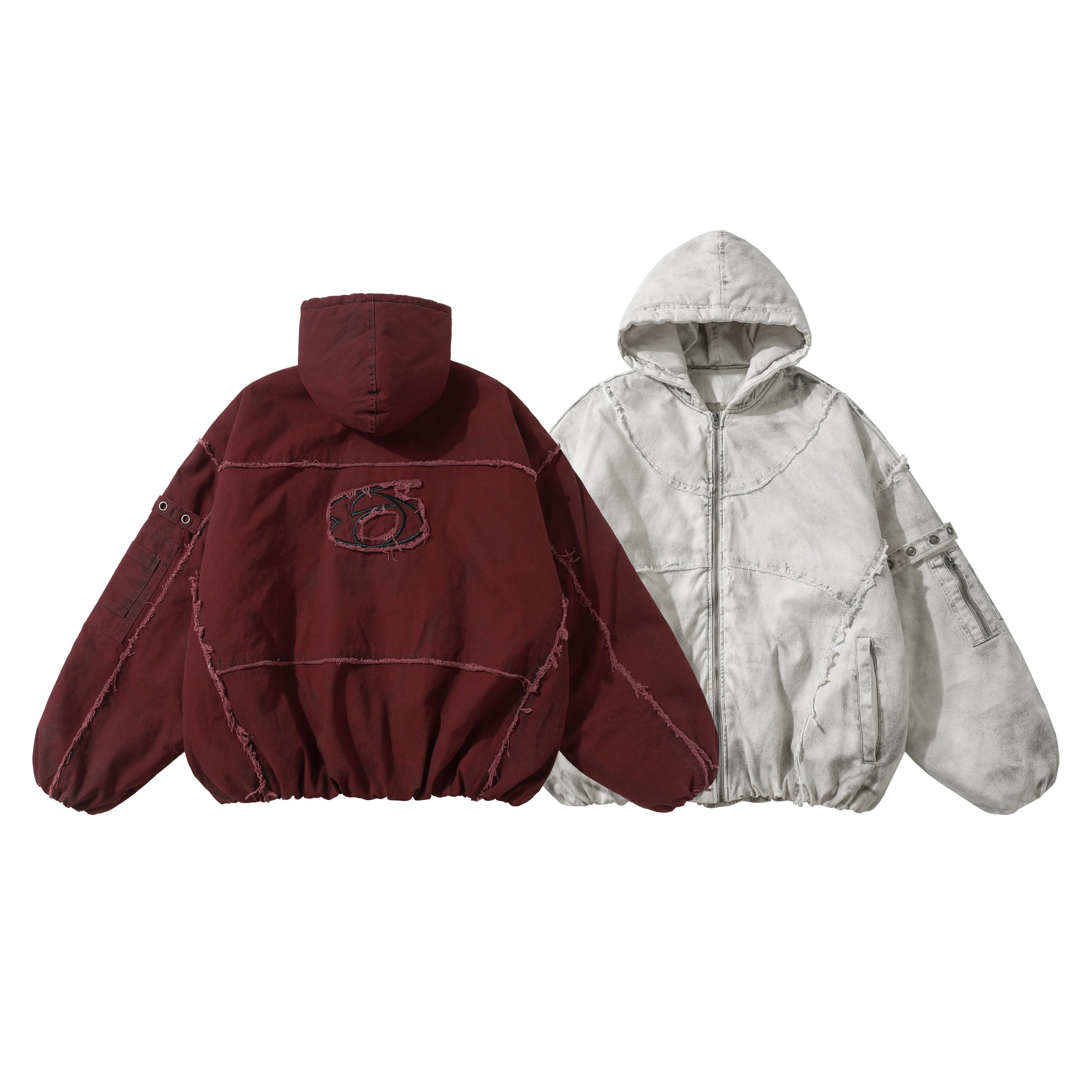 Front view of grey acid-washed distressed hooded zip jacket with raw-edge seam panels and utility sleeve pocket