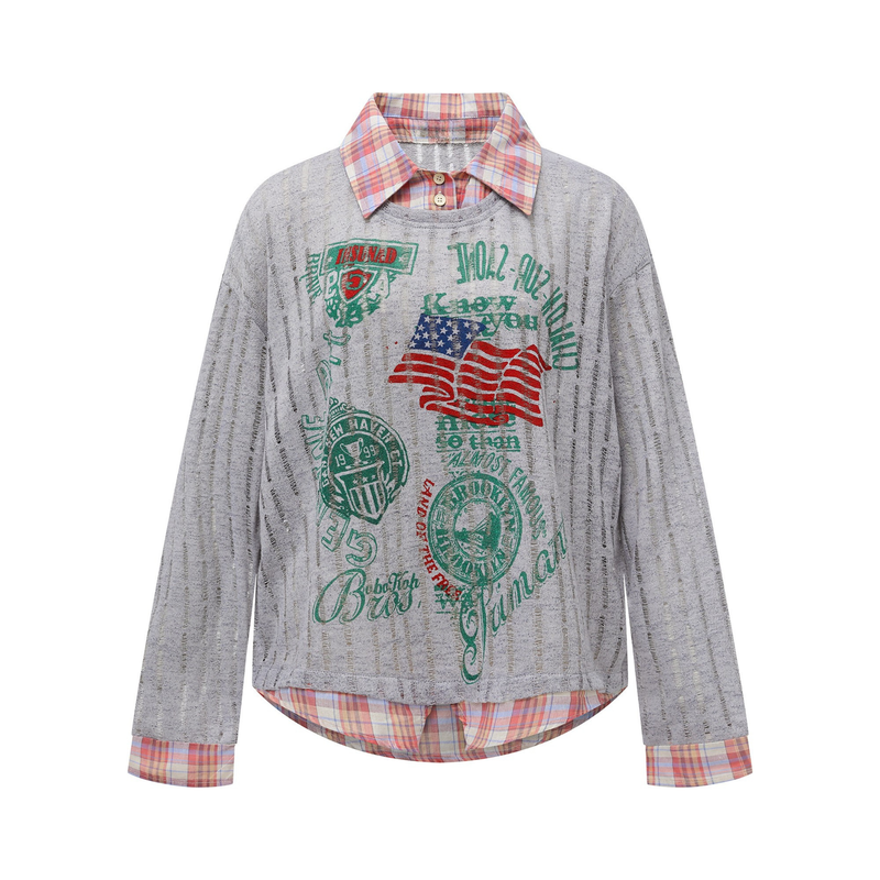 Gray distressed long-sleeve shirt with red plaid collar and cuffs, front view with green retro graphic print