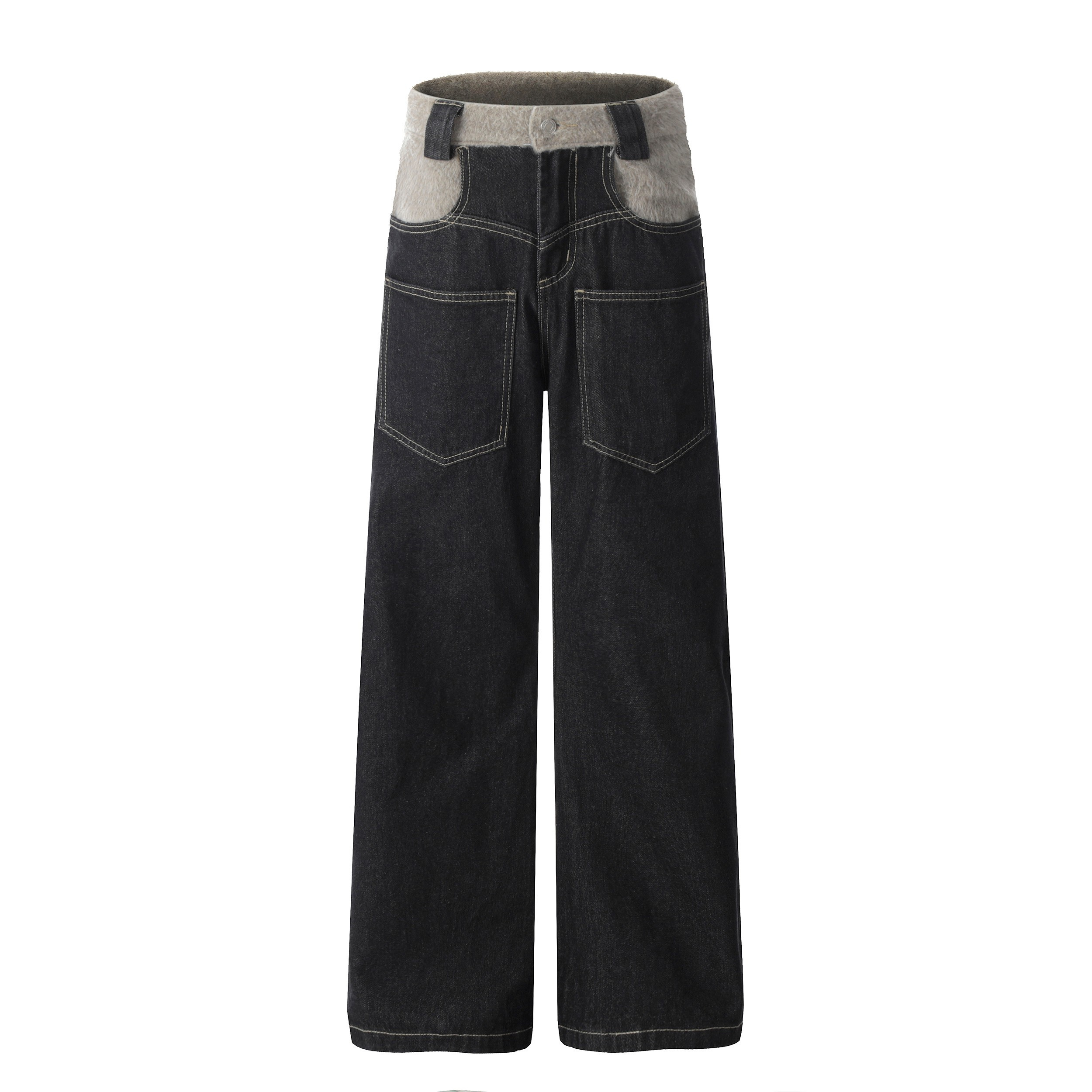 Fleece-Waist Wide-Leg Denim Pants | Dark Wash Street Style