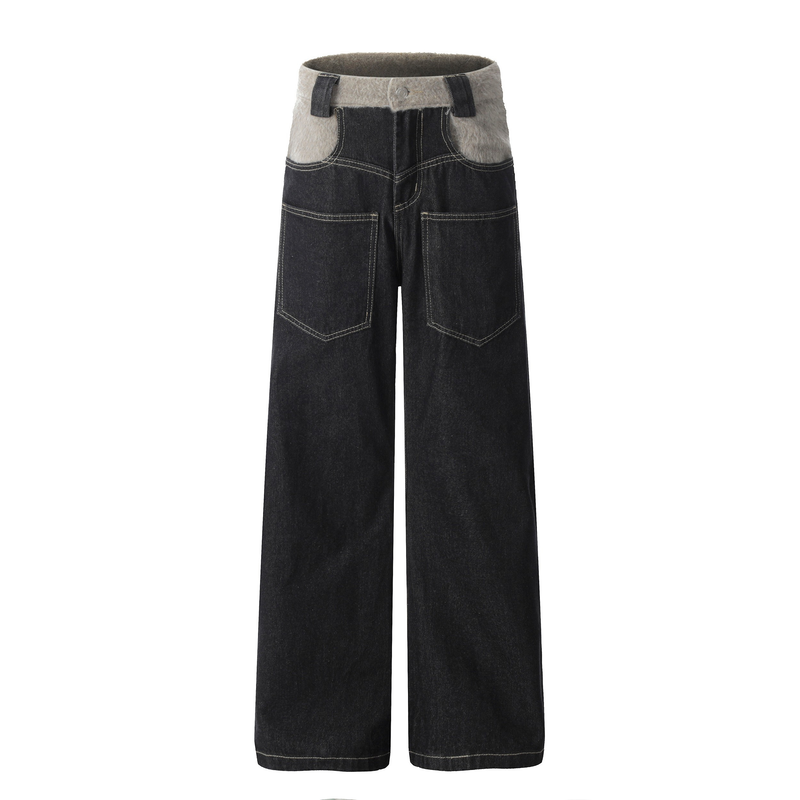 Fleece-Waist Wide-Leg Denim Pants | Dark Wash Street Style