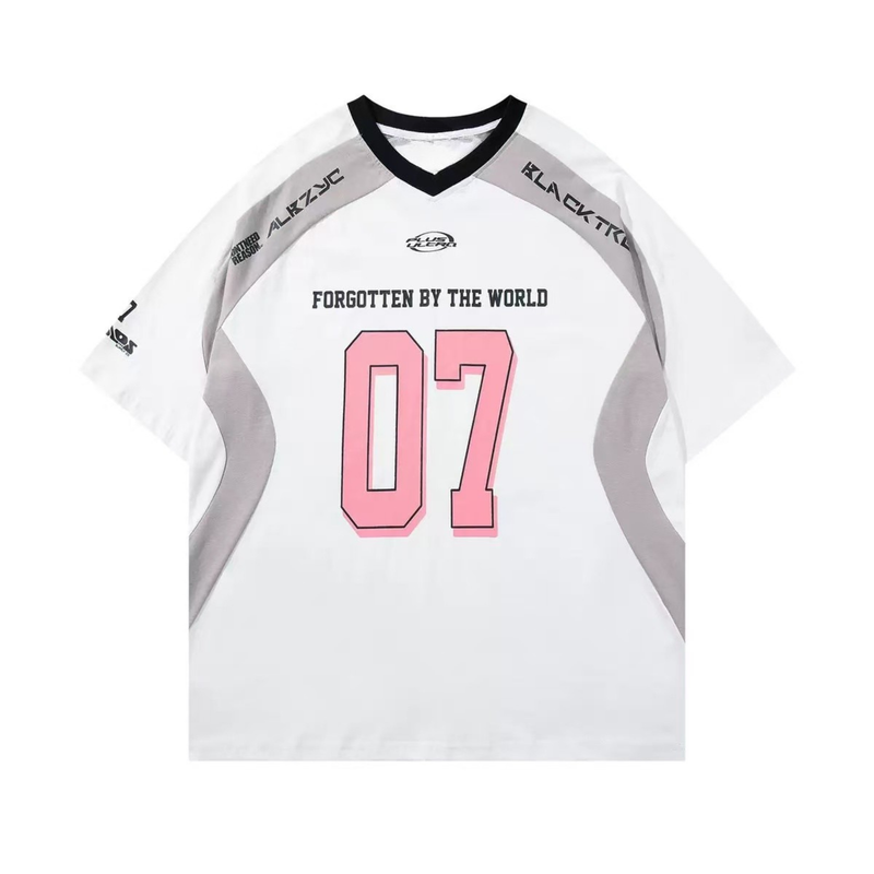 White and gray raglan varsity tee with black V-neck, pink 07 graphic, and streetwear slogan print