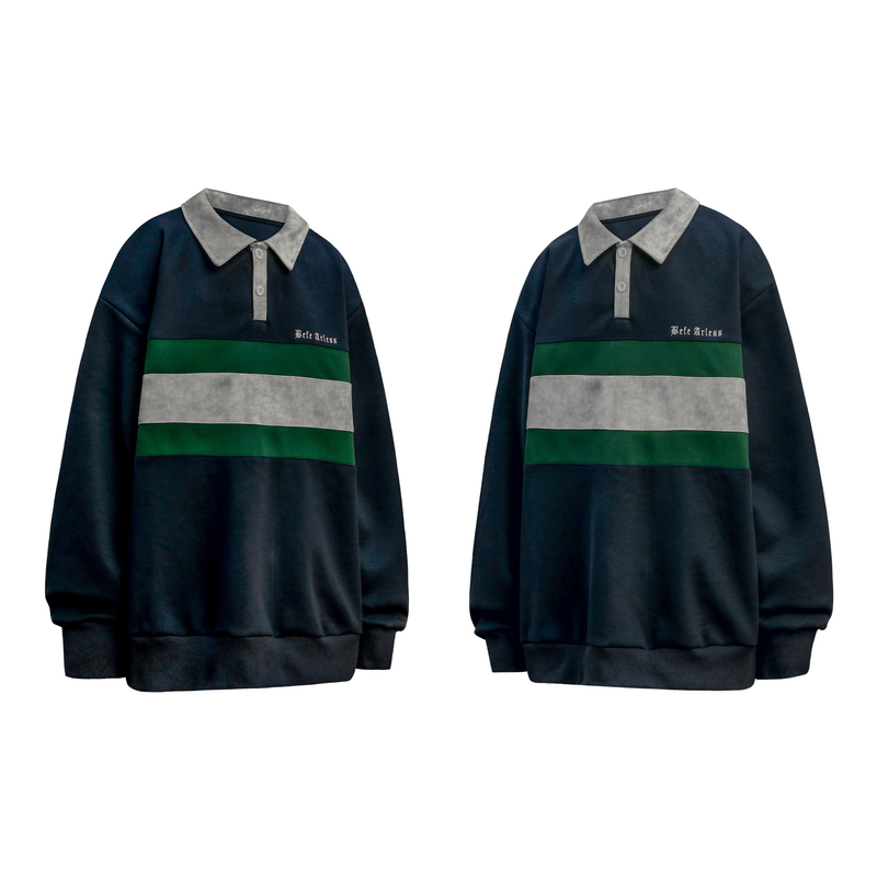 Front and back views of a navy rugby polo sweatshirt with gray collar and green stripe bands