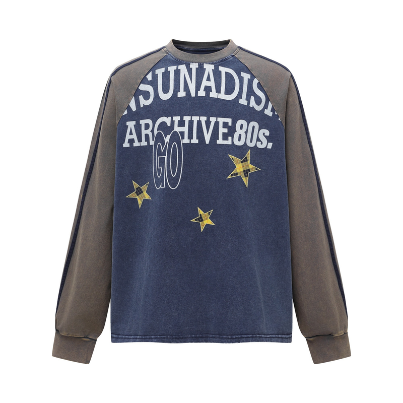 Blue raglan long sleeve tee with tan sleeves and vintage star graphic front