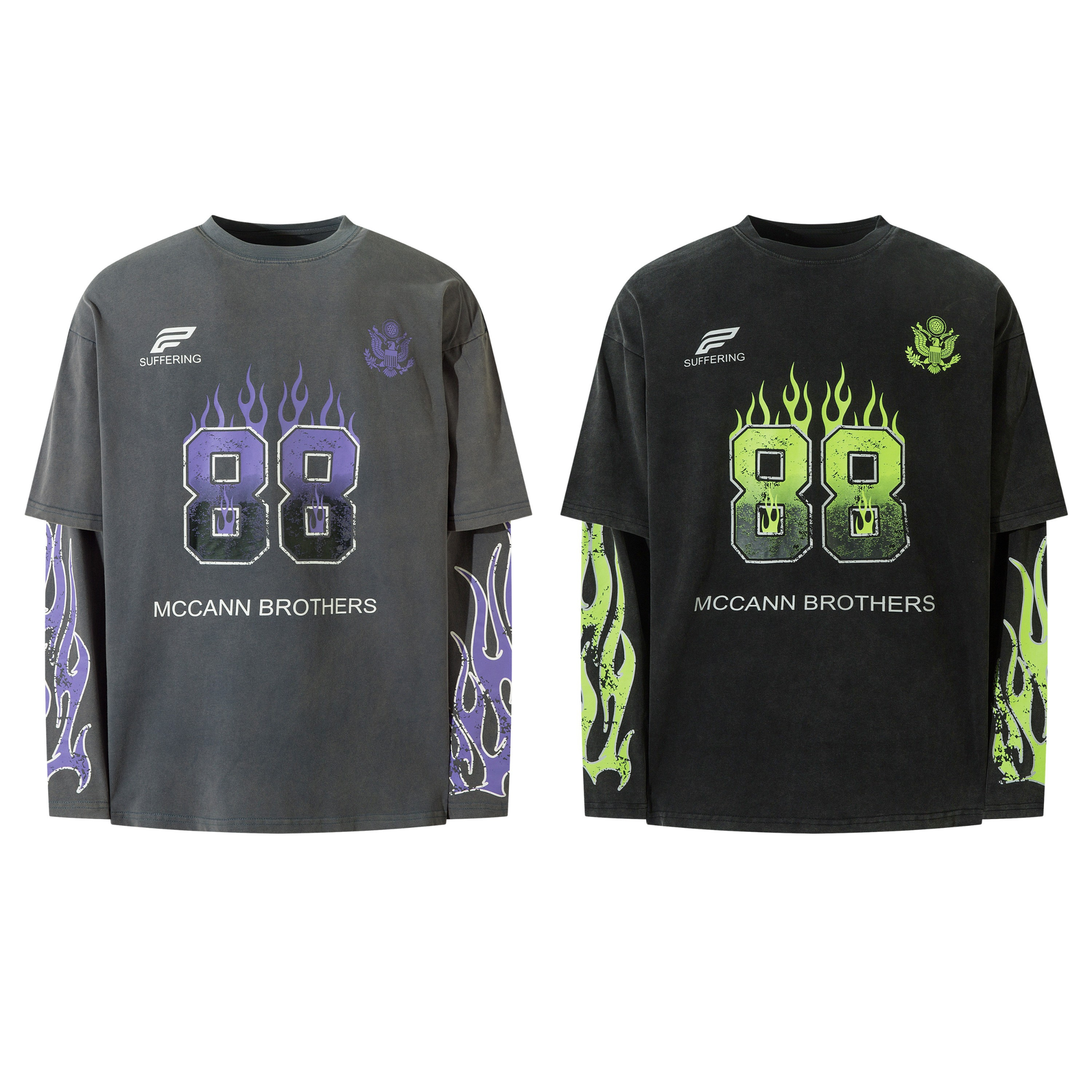 McCann Brothers Flaming 88 layered long sleeve tees in washed charcoal with purple flames and washed black with neon green fl