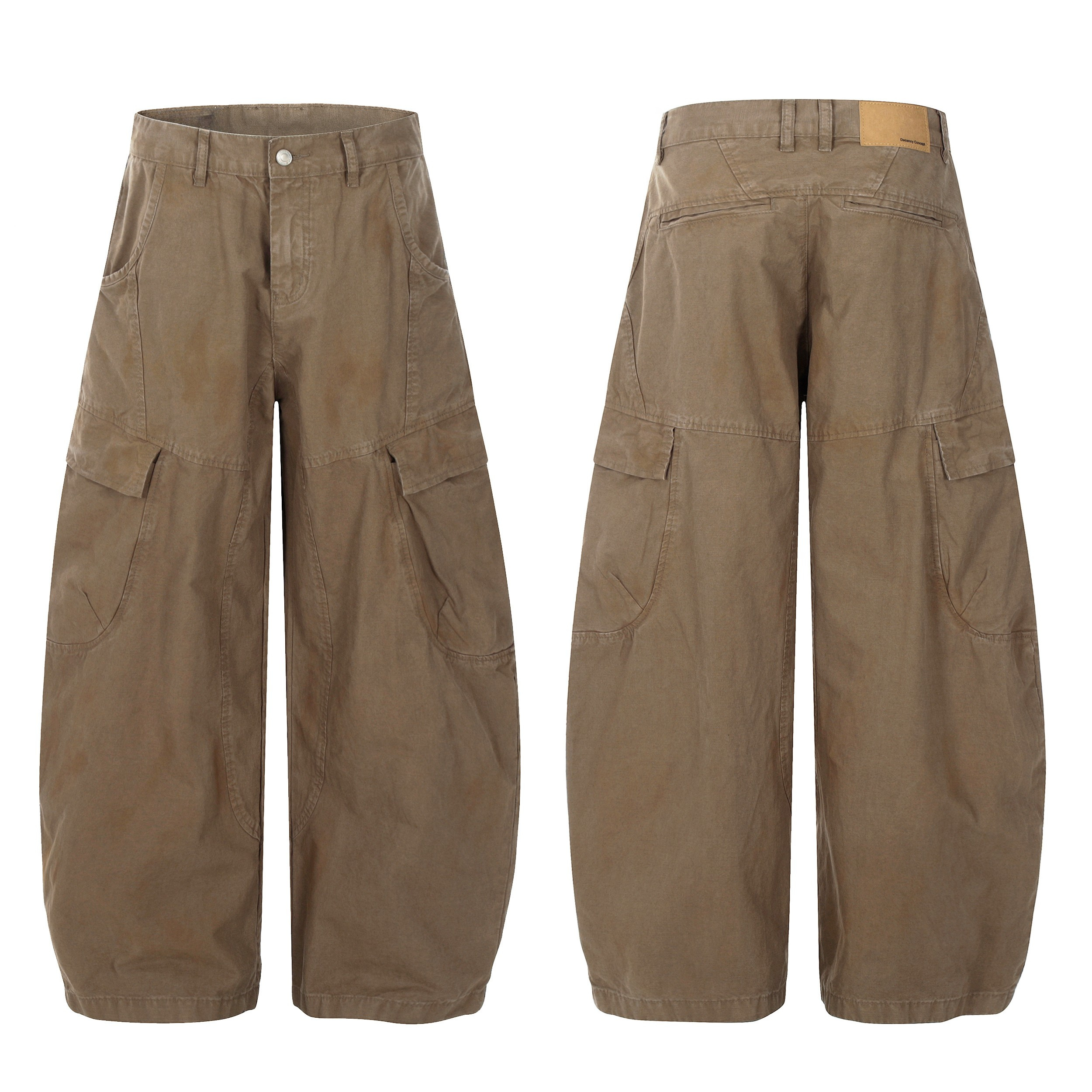 Front and back view of khaki washed wide-leg balloon cargo pants with large side pockets and structured panel seams