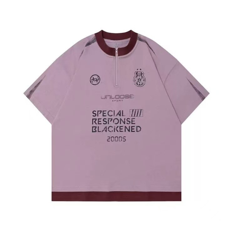 Lavender oversized streetwear tee with half-zip collar, maroon trim, and bold black graphic text on front