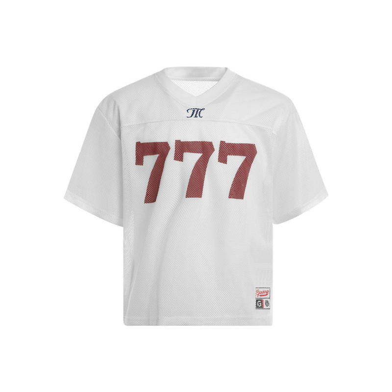 White mesh football jersey with red 777 print, V-neck collar, and streetwear-inspired oversized fit