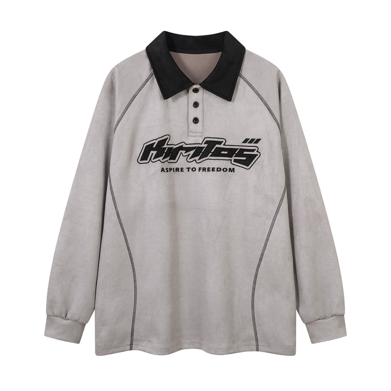 Light gray long-sleeve polo shirt with black collar, front graphic, and contrast seam stitching